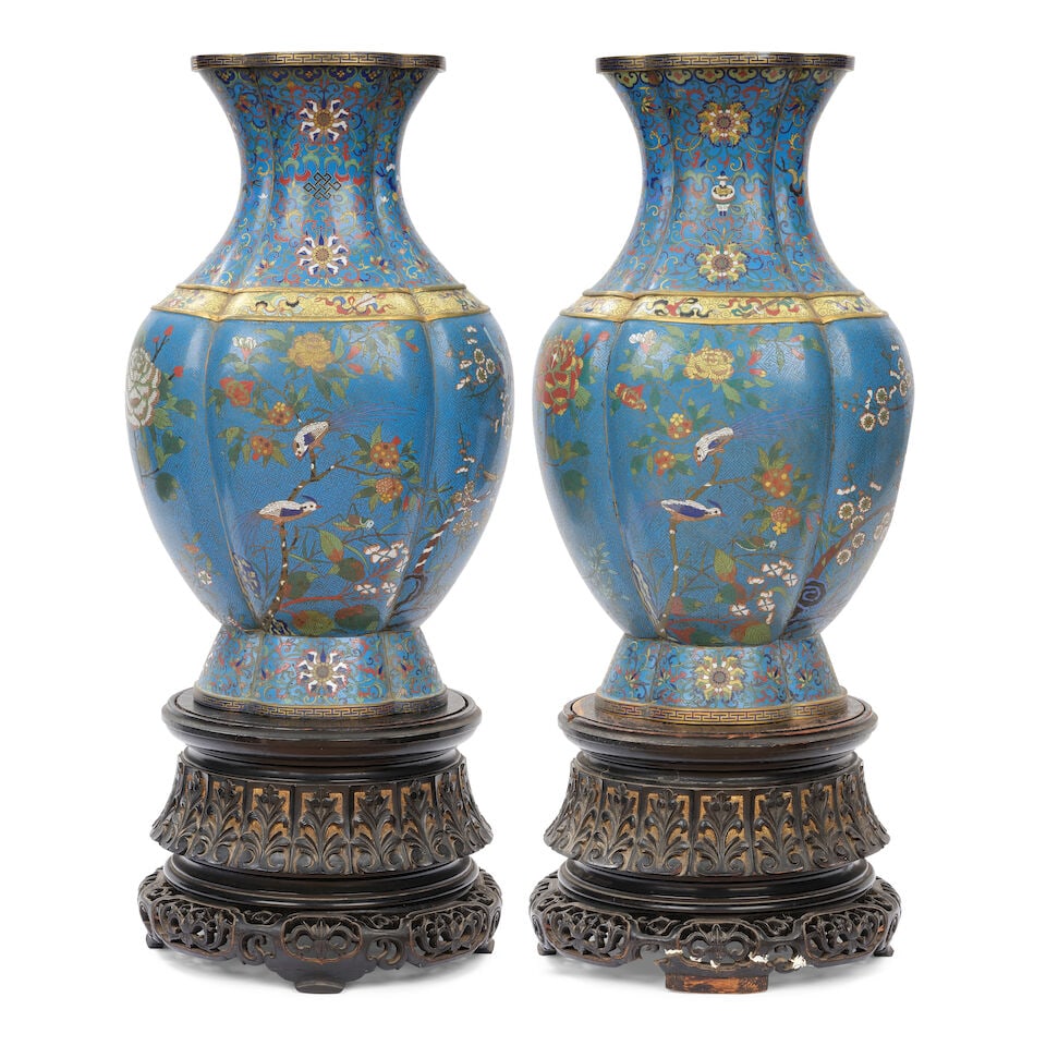 A PAIR OF MASSIVE CLOISONNÉ-ENAMEL LOBED VASES Late Qing dynasty (2, wood stand for each) (1 of 5)