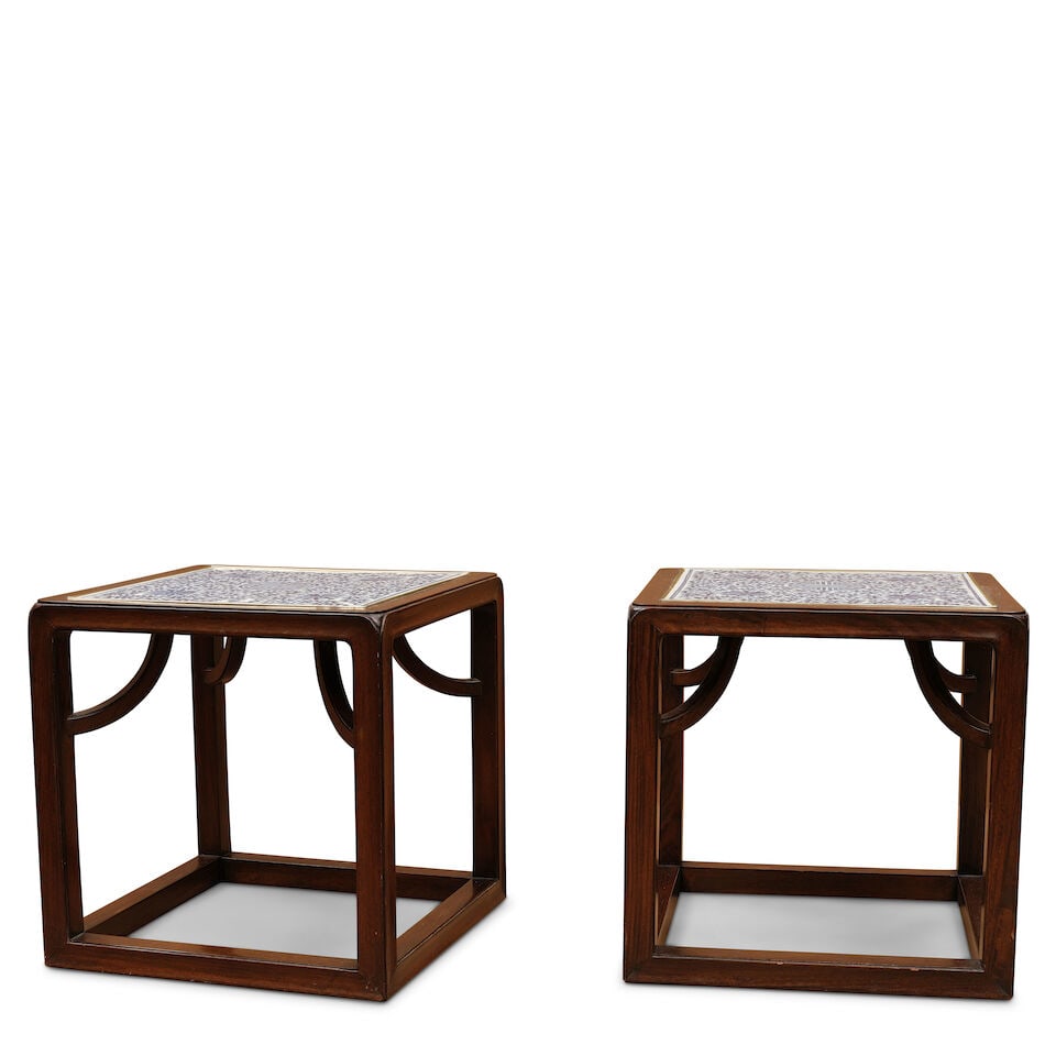 A PAIR OF BLUE AND WHITE PORCELAIN INSET HARDWOOD LOW TABLES, FANGZHUO 20th century, attributed ...
