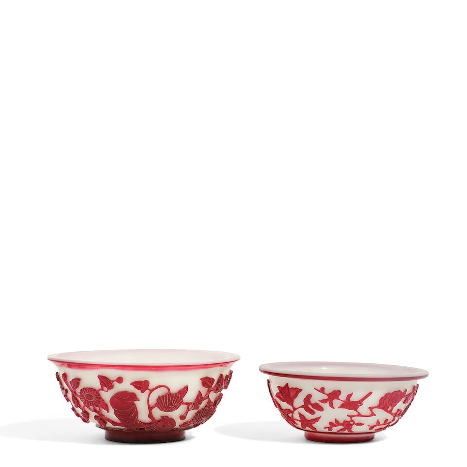 TWO RED OVERLAY 'BIRD AND FLOWER' PEKING GLASS BOWLS 20th century (2) (1 of 1)