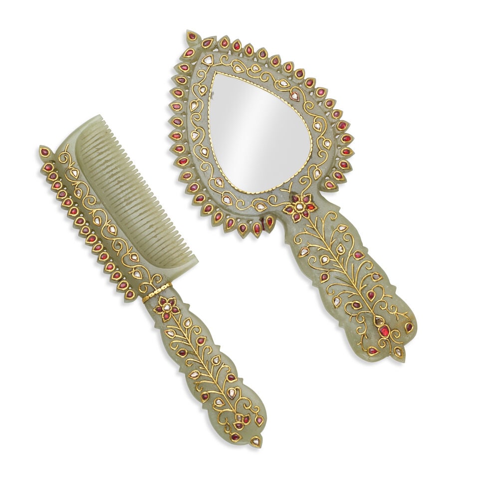 A MUGHAL-STYLE INLAID JADE COMB AND A HAND MIRROR 20th century (2) (1 of 1)