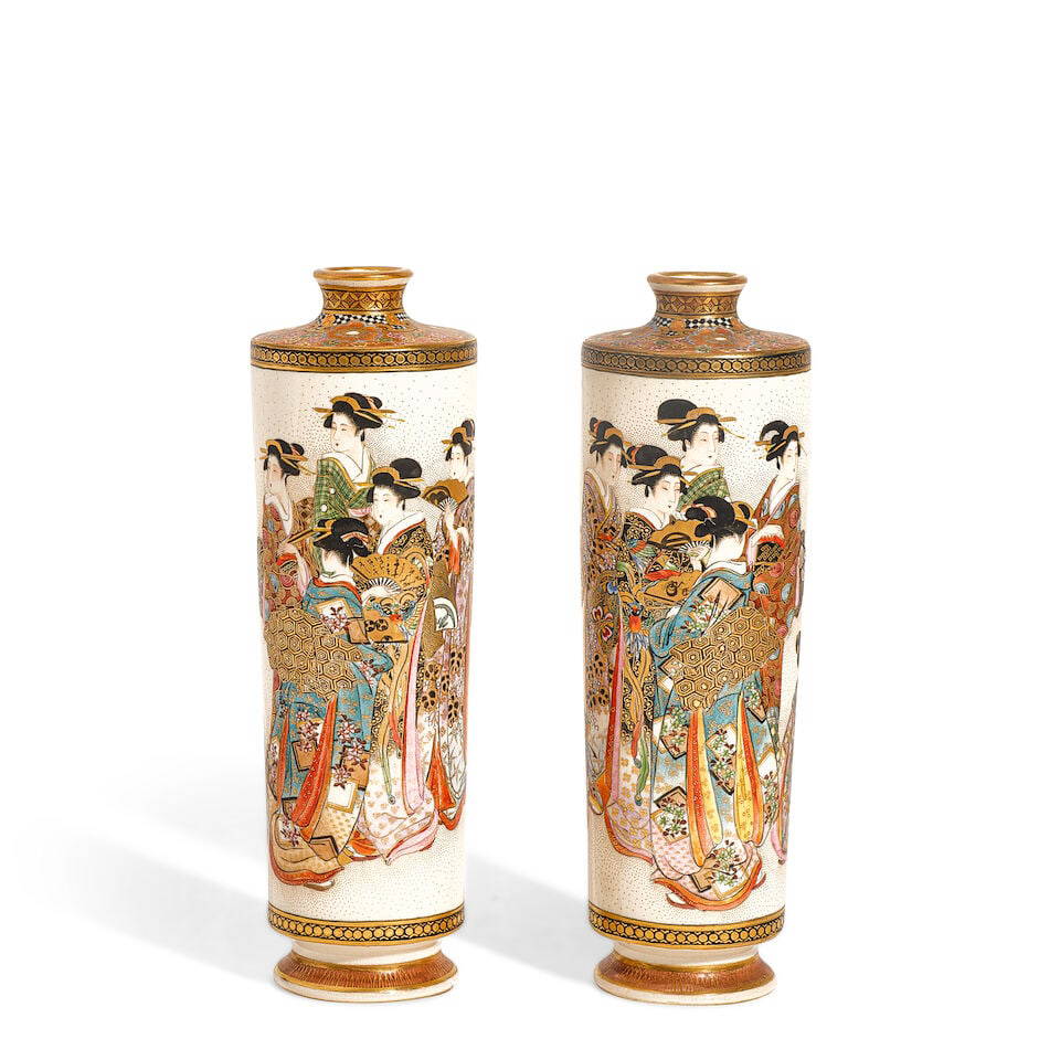 KINKŌZAN WORKSHOP (CIRCA 1900) A Pair of Japanese Gilt Polychrome Satsuma Vases Depicting B...