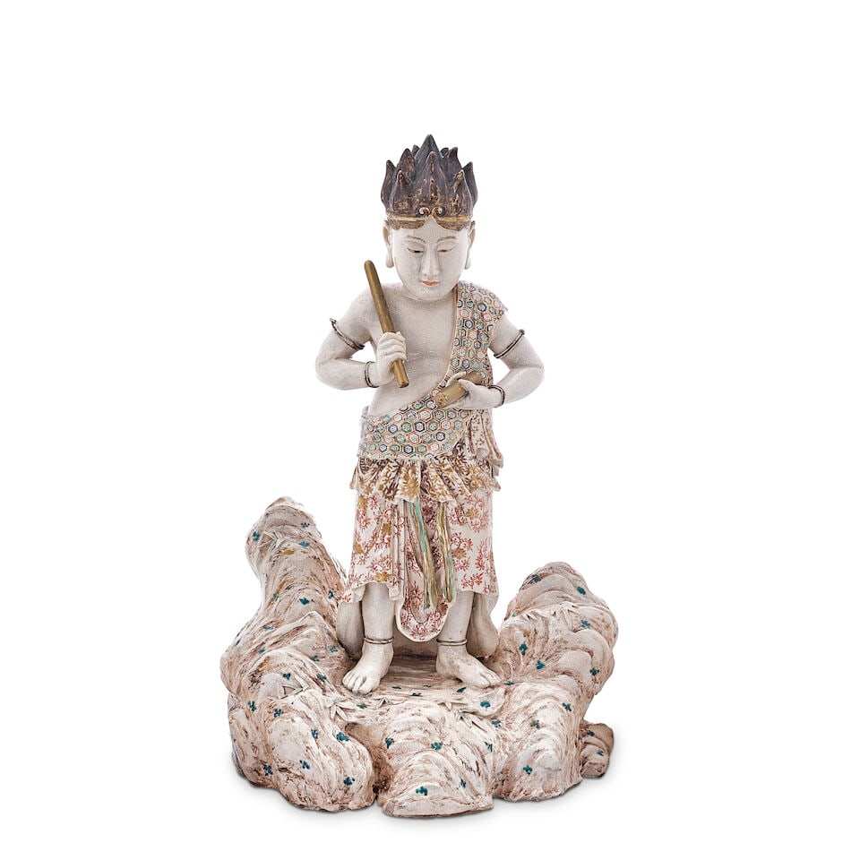 A LARGE JAPANESE GILT POLYCHROME SATSUMA FIGURE OF A DŌJI Meiji era (1868-1912), circa 1900