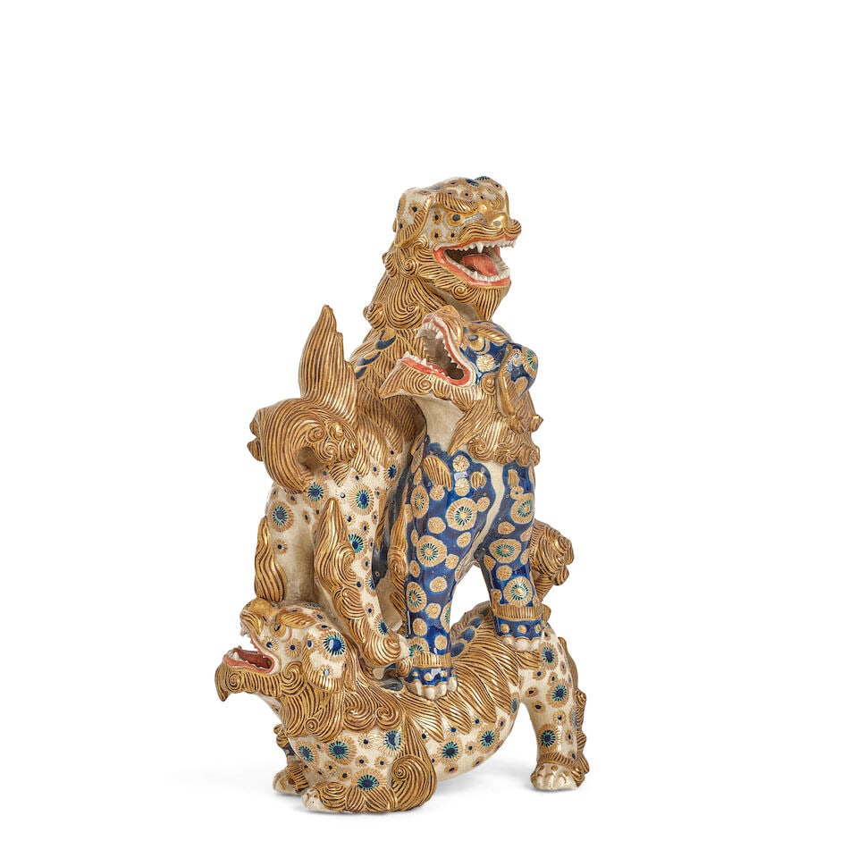 KIZAN (ACTIVE CIRCA LATE 19TH CENTURY) A Japanese Gilt Polychrome Satsuma Figure of Romping Shis... (1 of 1)