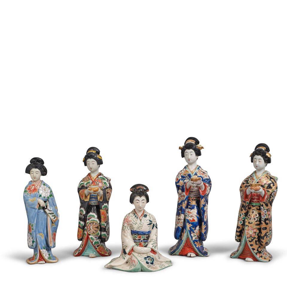A GROUP OF FIVE JAPANESE GILT AND OVERGLAZE ENAMEL DECORATED KUTANI PORCELAIN FIGURES OF BEAUTIE...