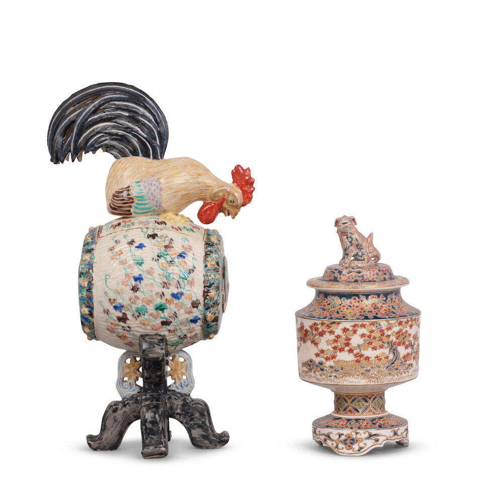 TWO JAPANESE GILT POLYCHROME GLAZED EARTHENWARE LIDDED VESSELS Meiji (1868-1912) or Taisho (1912...
