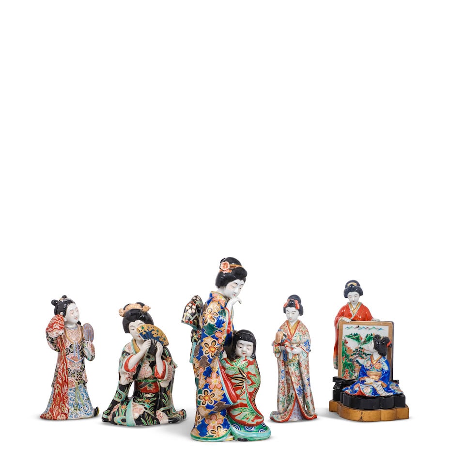 A GROUP OF FIVE JAPANESE GILT AND OVERGLAZE ENAMEL DECORATED KUTANI PORCELAIN FIGURES OF BEAUTIE...