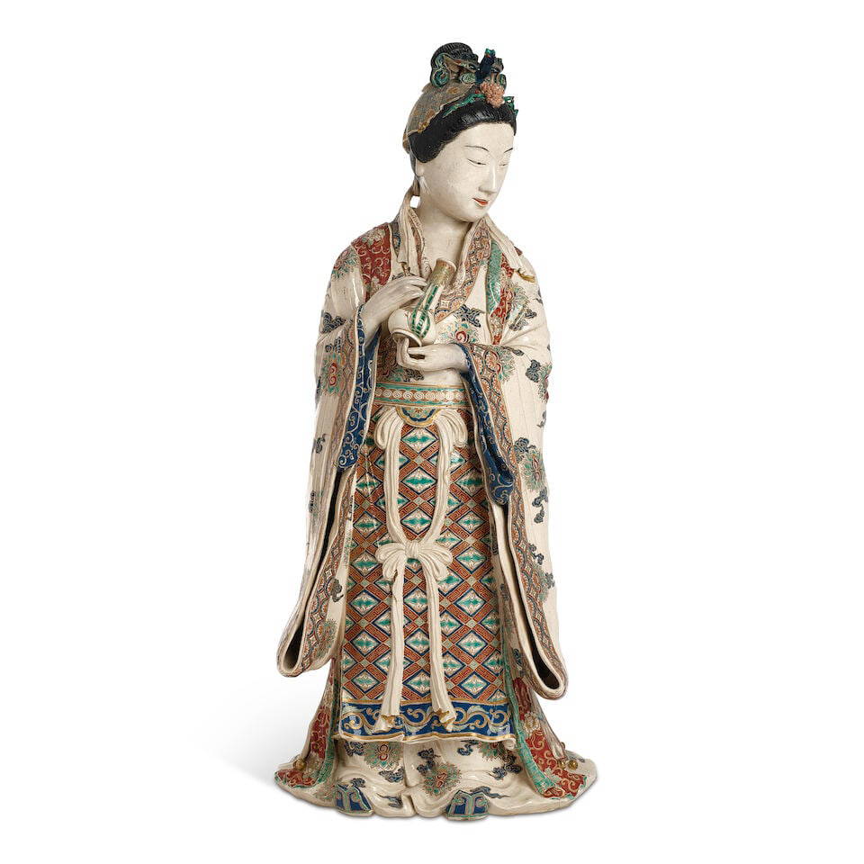 A LARGE JAPANESE GILT POLYCHROME SATSUMA FIGURE OF A STANDING CHINESE BEAUTY Meiji era (1868-191...
