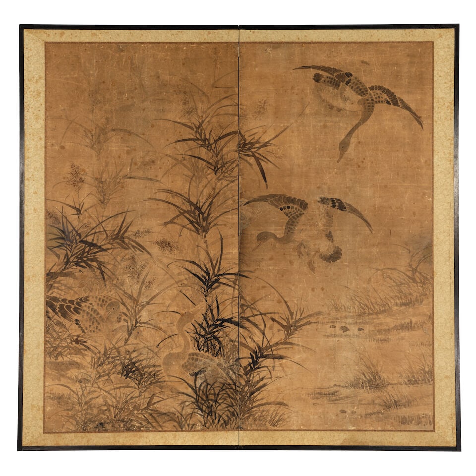 ANONYMOUS (18TH/19TH CENTURY) A Japanese Two-Panel Folding Screen Depicting Geese Amid Pampas Gr... (1 of 2)