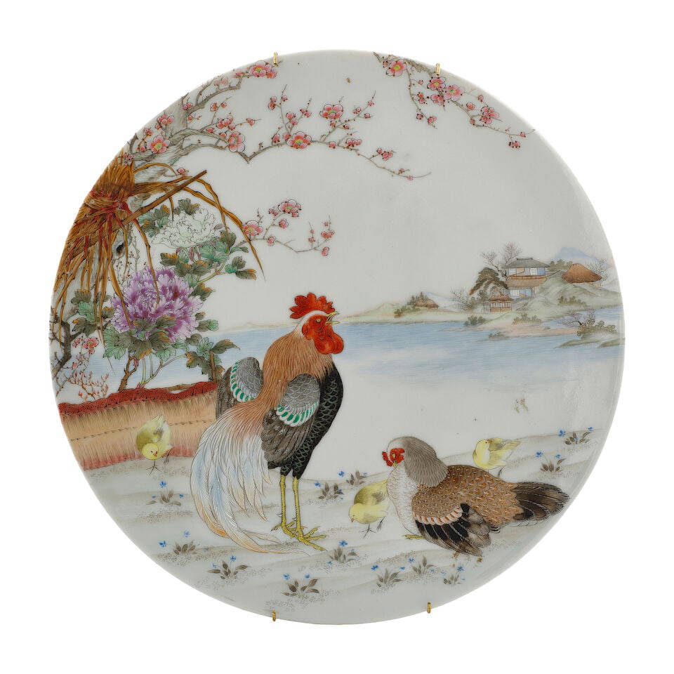 TWO JAPANESE OVERGLAZE ENAMEL DECORATED PORCELAIN CIRCULAR PLACQUES WITH DESIGN OF COCKERALS 20t...