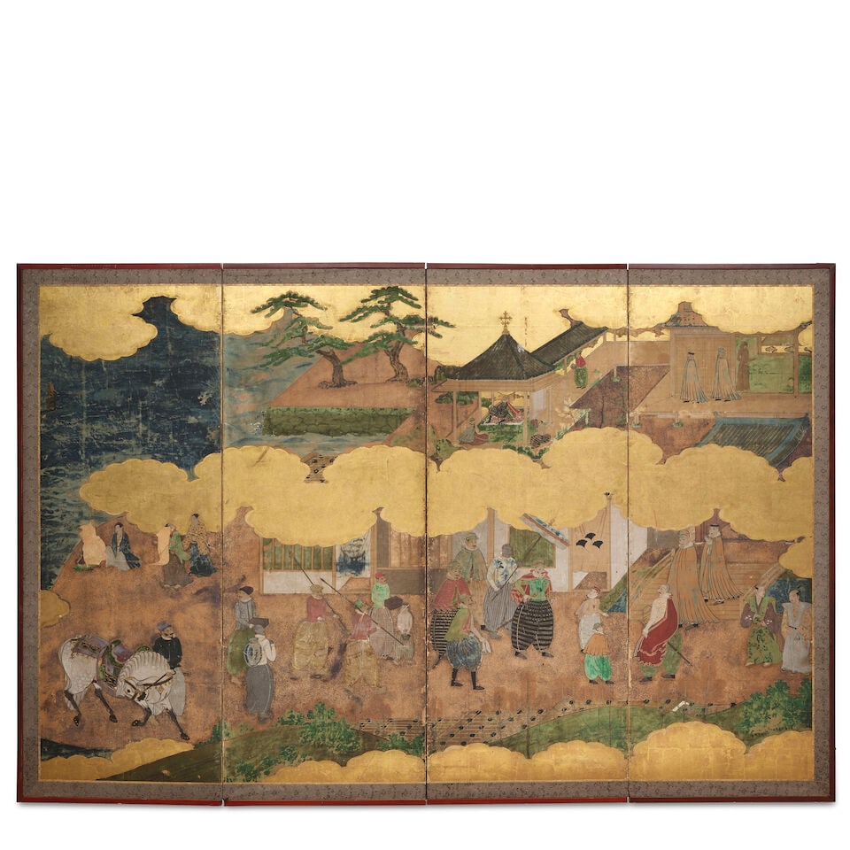 ANONYMOUS (17TH CENTURY) A Japanese Four-Panel Folding Screen Depicting the Arrival of Europeans... (1 of 1)