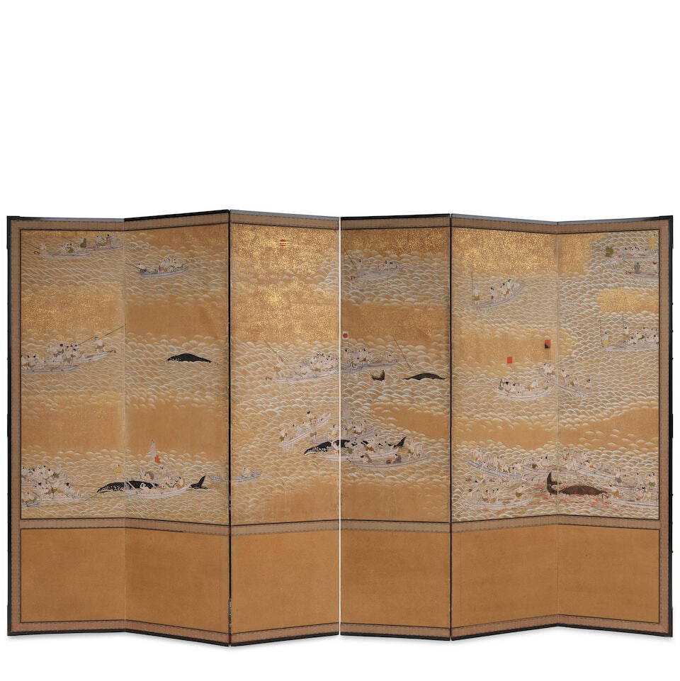 ANONYMOUS (18TH/19TH CENTURY) A Japanese Six-Panel Folding Screen Depicting Whaling Edo period (...