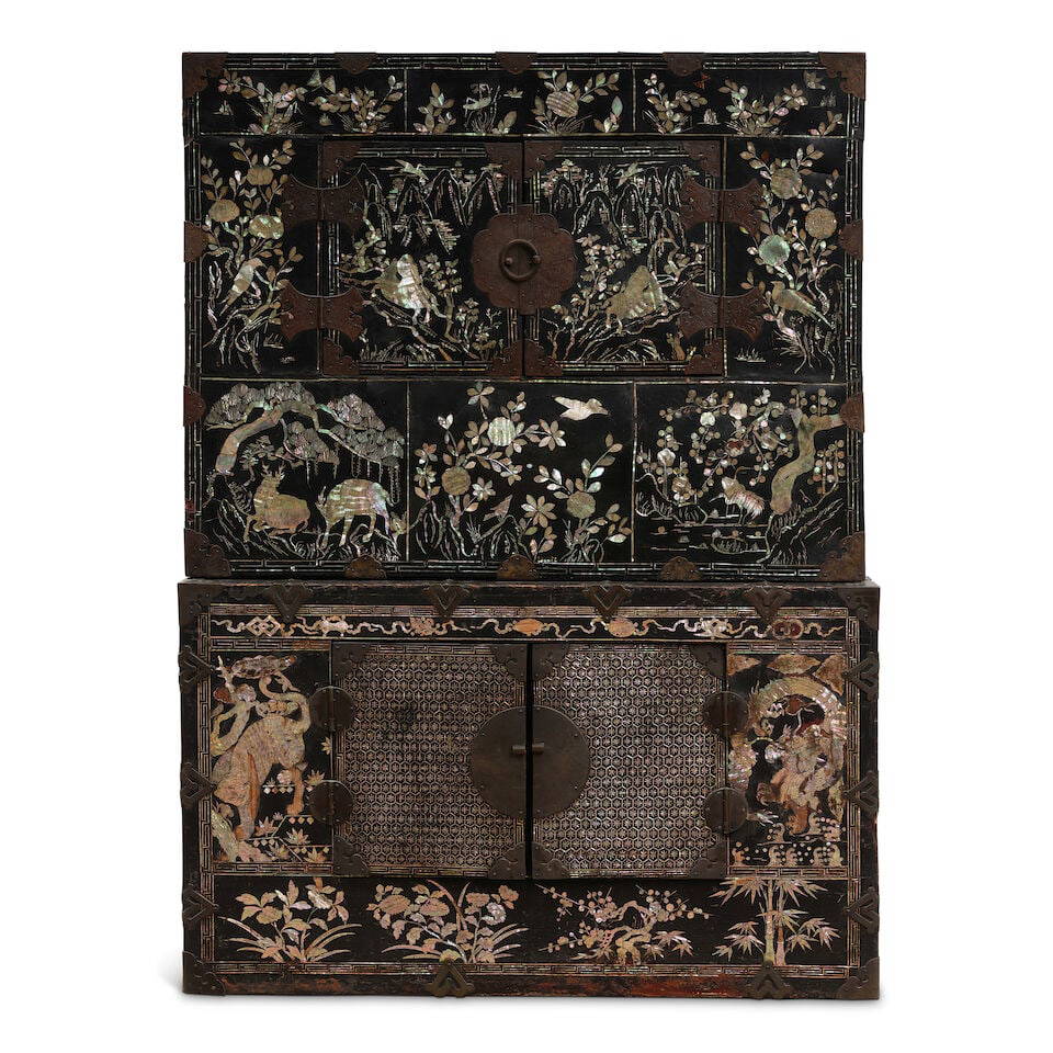 A BLACK-LACQUERED AND MOTHER-OF-PEARL INLAID TWO-SECTION CHEST Korean, circa 1920