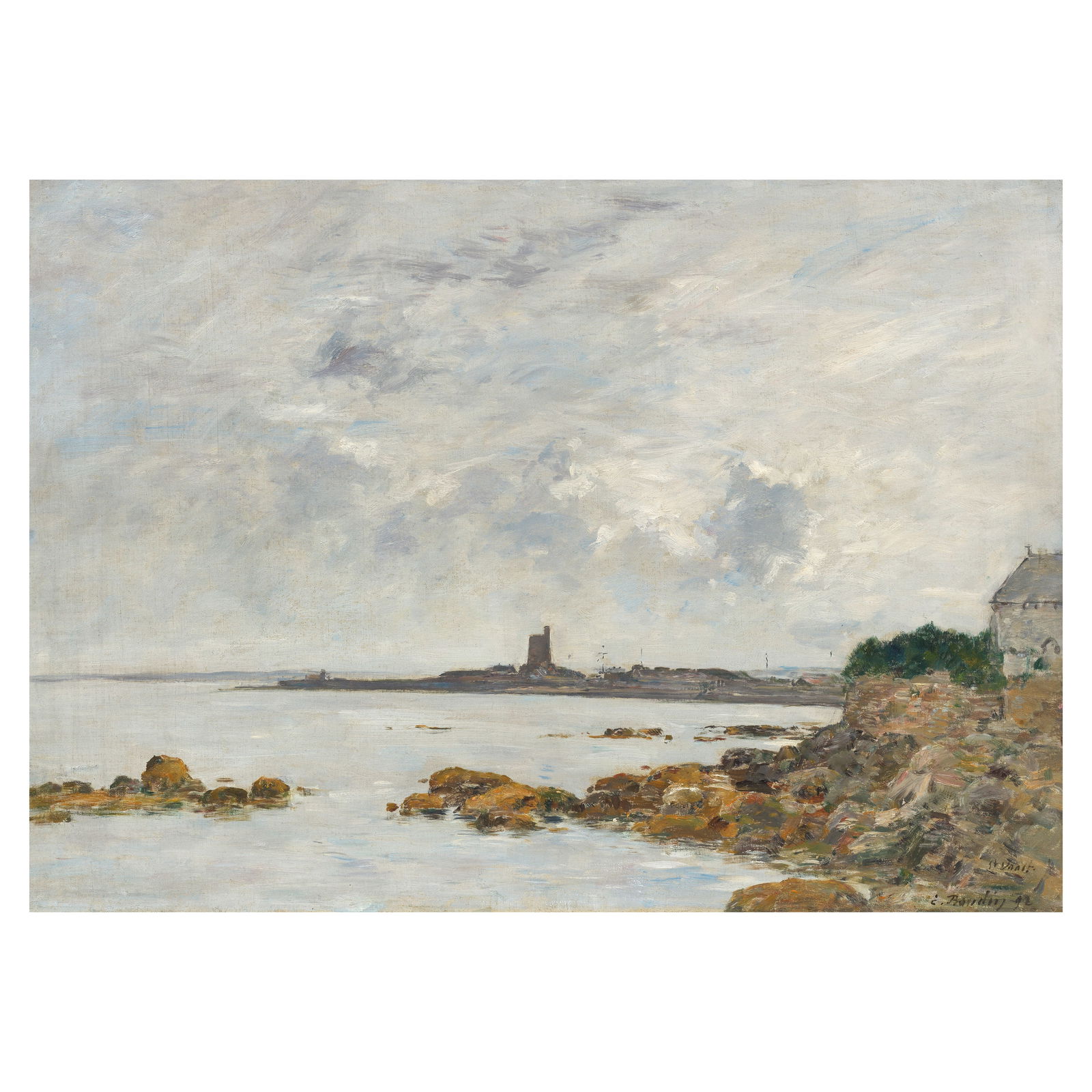 EUGÈNE BOUDIN (1824-1898) Saint-Vaast-la-Hougue, les rochers et le port (Painted in Saint-V...: EUGÈNE BOUDIN (1824-1898) Saint-Vaast-la-Hougue, les rochers et le port signed, inscribed and dated 'St Vaast. E. Boudin 92' (lower right) oil on canvas 46.6 x 65.7cm (18 3/8 x 25 7/8in). P
