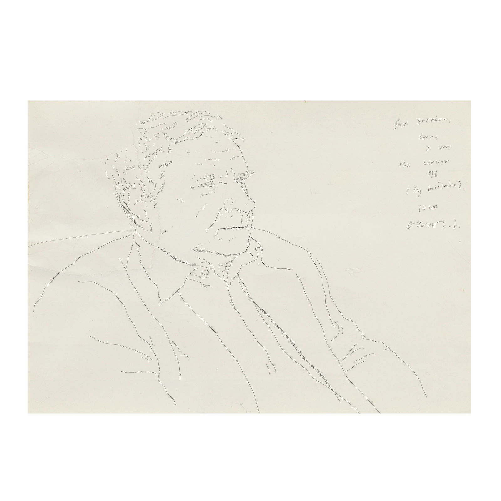 DAVID HOCKNEY (B. 1937) Untitled (Stephen Spender) (Executed in 1981): DAVID HOCKNEY (B. 1937) Untitled (Stephen Spender) signed and dedicated 'For Stephen, Sorry I tore the corner off (by mistake) love David x' (upper right) pen on paper 35.2 x 43.2cm (13 7/8 x 17in).