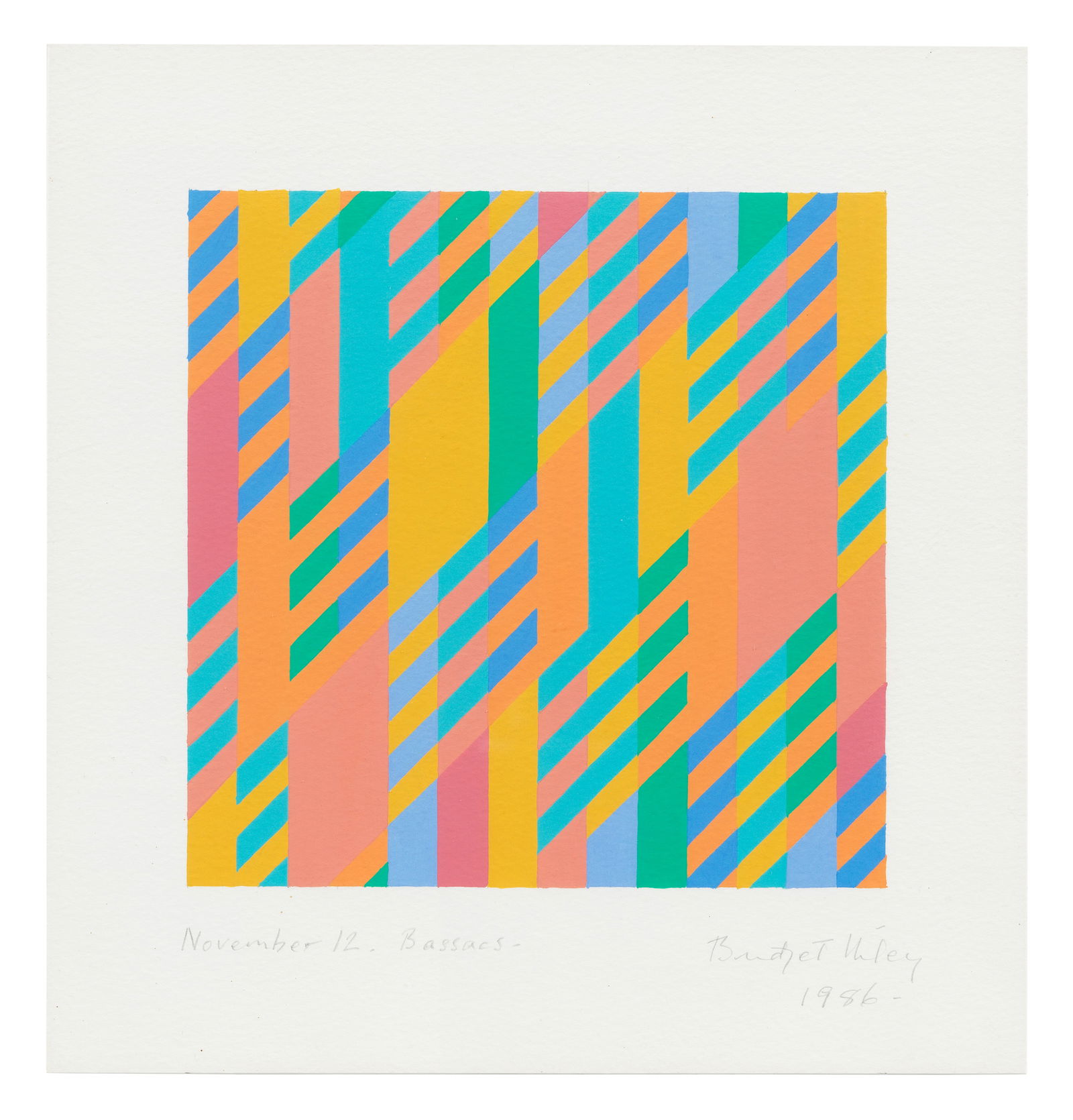 BRIDGET RILEY (B. 1931) November 12. Bassacs 17.7 x 17.7cm (6 7/8 x 6 7/8in). (image size) 26.2 ...: BRIDGET RILEY (B. 1931) November 12. Bassacs signed, titled and dated 'November 12. Bassacs. Bridget Riley 1986.' (lower margin); dated 'Nov 12th' (on the reverse) gouache on paper 17.7 x 17.7cm (6 7/