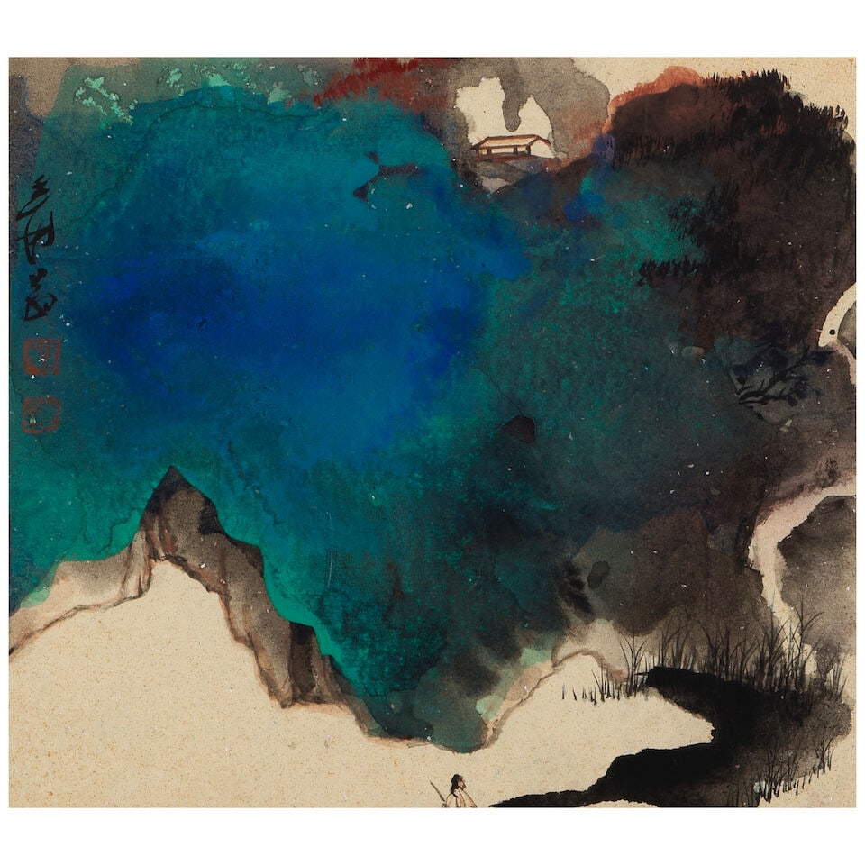 ZHANG DAQIAN (1899-1986) Splashed Color Landscape: ZHANG DAQIAN (1899-1986) Splashed Color Landscape Ink and color on paper board, framed and glazed, signed Yuan Weng and with two artist's seals. 9 1/2 x 10 5/8in (24 x 27cm) Footnotes: 張࣪