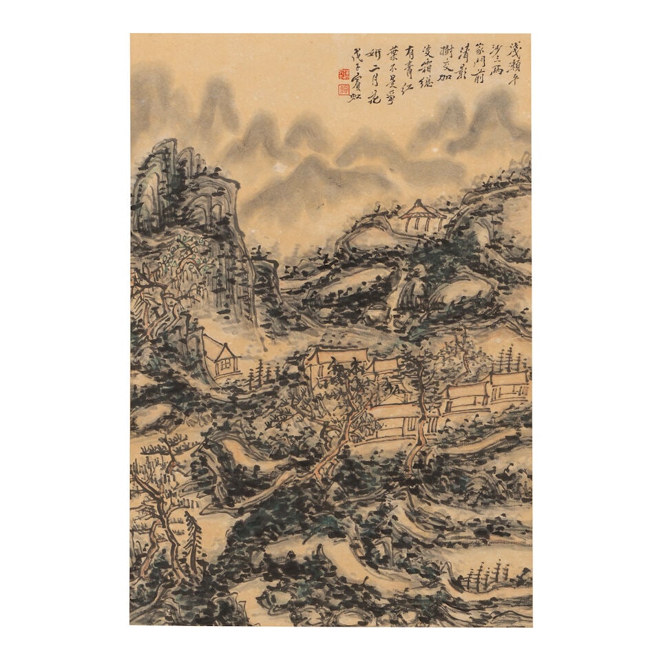 ATTRIBUTED TO HUANG BINHONG (1865-1955) Landscape, 1948: ATTRIBUTED TO HUANG BINHONG (1865-1955) Landscape, 1948 Ink and color on paper, matted, framed and glazed, inscribed by the artist, dated wuzi, signed Binhong with two artist's seals. 25 5/8 x 17 3/8i
