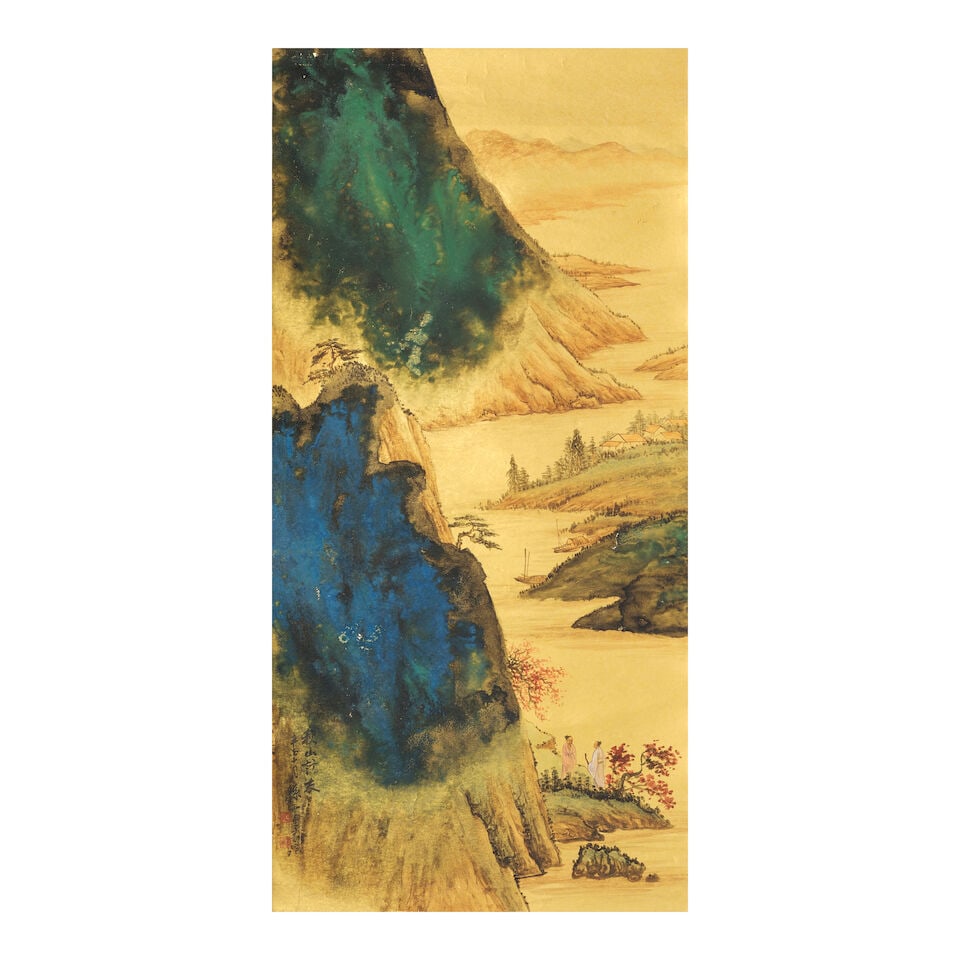 SUN YUNSHENG (1918-2000) Gold and Blue Landscape, 1961: SUN YUNSHENG (1918-2000) Gold and Blue Landscape, 1961 Ink and color on gold paper, mounted for framing, inscribed, dated xinchou, signed Sun Yunsheng and with two artist's seals. 40 1/2 x 19 3/8in (1