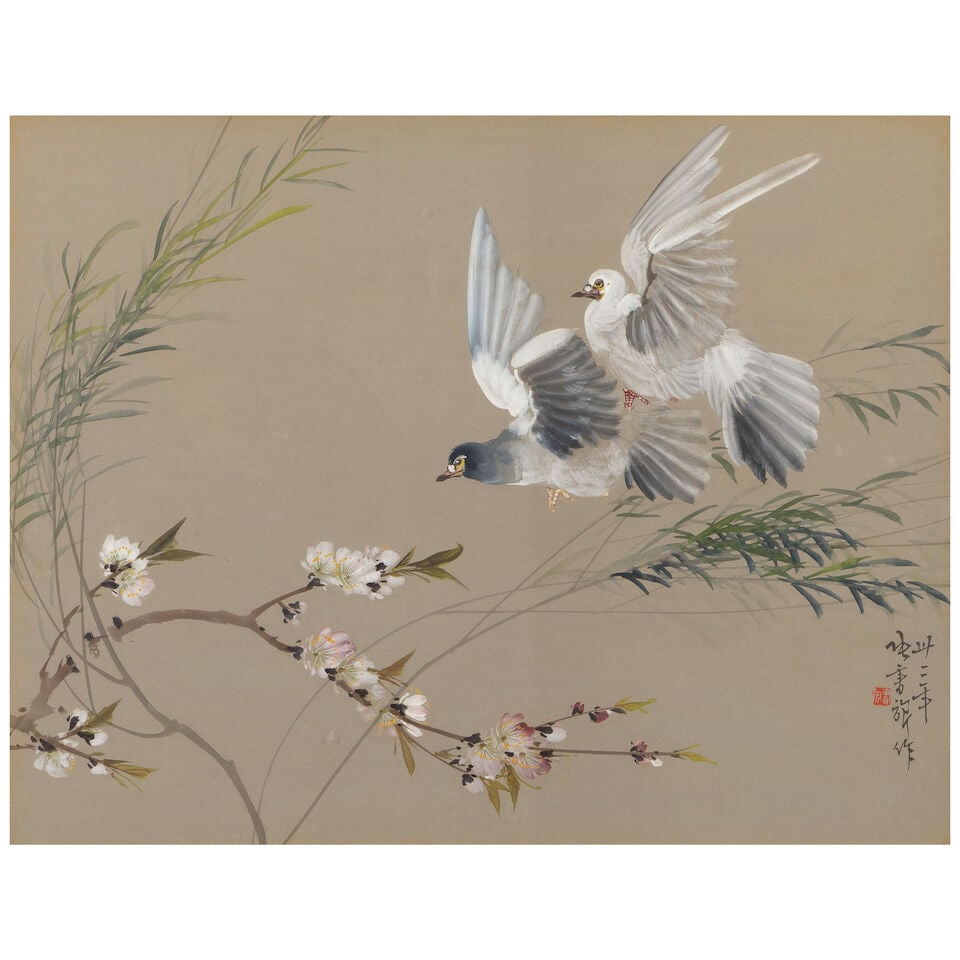 ZHANG SHUQI (1899-1957) Doves and Flowers, 1943: ZHANG SHUQI (1899-1957) Doves and Flowers, 1943 Framed and glazed, matted, ink and color on paper, dated and signed Zhang Shuqi, with one artist's seal. 19 3/4 x 26 5/8in (50 x 65cm) sight Footnotes: