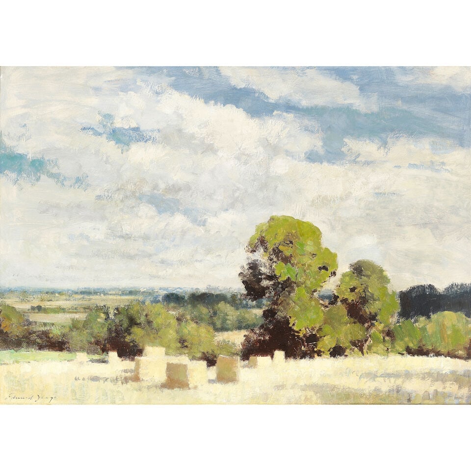 Edward Seago, RWS, RBA (British, 1910-1974) The harvest field: Edward Seago, RWS, RBA (British, 1910-1974) The harvest field signed 'Edward Seago' (lower left), inscribed with title (on the reverse) oil on board 63 x 89cm (24 13/16 x 35 1/16in). Footnotes: Proven