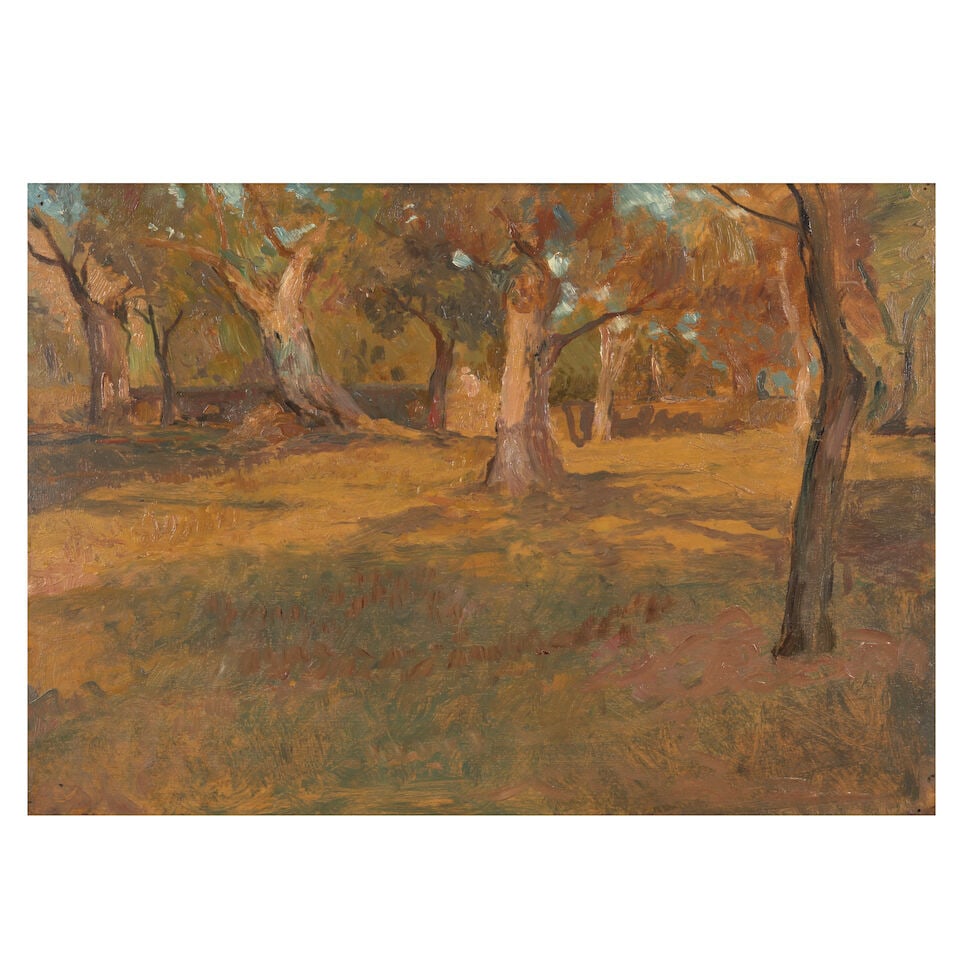 Sir William Blake Richmond, RA (British, 1842-1921) Tree trunks at sunset: Sir William Blake Richmond, RA (British, 1842-1921) Tree trunks at sunset oil on panel 31 x 45cm (12 3/16 x 17 11/16in). Footnotes: Exhibited London, The Fine Art Society, Memorial exhibition, Octo