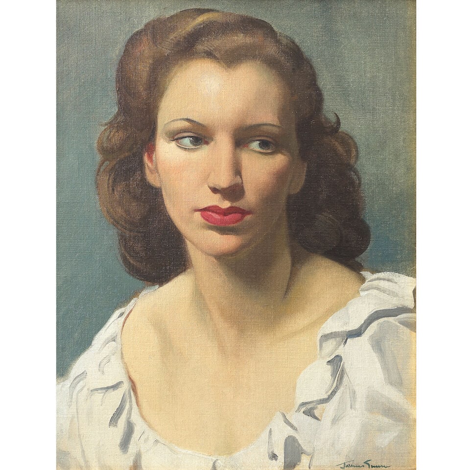Sir Herbert James Gunn, RA, RP (British, 1893-1964) Woman in white dress: Sir Herbert James Gunn, RA, RP (British, 1893-1964) Woman in white dress signed 'James Gunn' (lower right) oil on canvas, laid to board 47 x 36cm (18 1/2 x 14 3/16in). Footnotes: Provenance Anon. sale