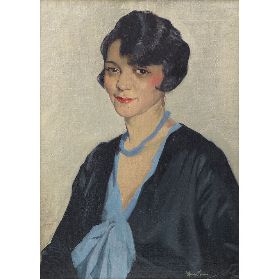 Sir Herbert James Gunn, RA, RP (British, 1893-1964) Woman with blue necklace: Sir Herbert James Gunn, RA, RP (British, 1893-1964) Woman with blue necklace signed 'HJ Gunn' (lower right) oil on canvas 61 x 54cm (24 x 21 1/4in). Footnotes: Provenance With Lefays Fine Art, Bristol