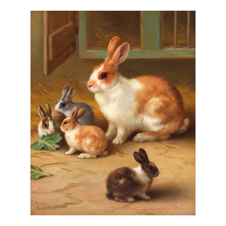 Edgar Hunt (British, 1876-1955) Rabbit and four kits: Edgar Hunt (British, 1876-1955) Rabbit and four kits signed 'E Hunt' (lower left) oil on board 23 x 18cm (9 x 7 1/16in). Footnotes: Provenance With Haynes Fine Art, Broadway, no. 13424. Private collec