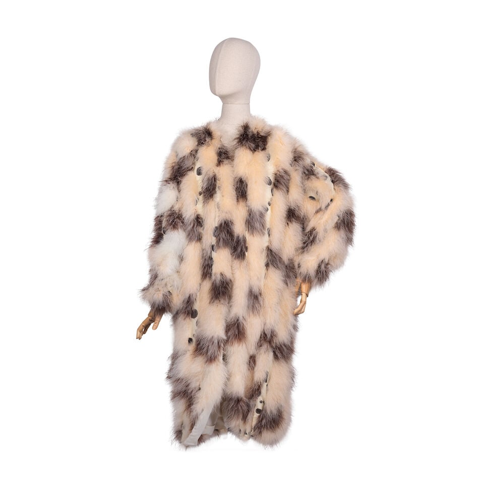 Chloe: a Feather Embellished Jacket Autumn 2014, Runway Look 25: Chloe: a Feather Embellished Jacket Autumn 2014, Runway Look 25 Creative Director: Clare Waight Keller Pink, white and brown turkey feathers arranged in polka-dots, on black and white spotted silk lin
