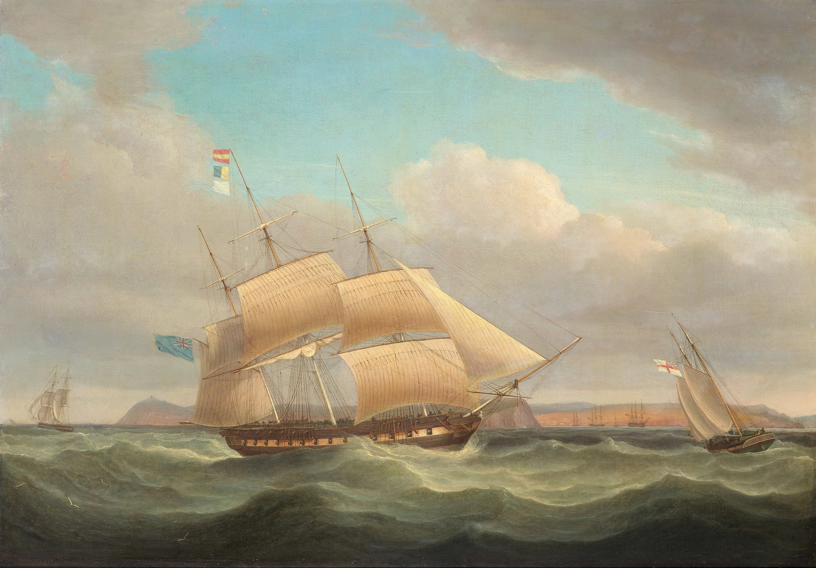Thomas Whitcombe (British, circa 1752-1824) A Royal Navy frigate 'signalling her number' [598] t...: Thomas Whitcombe (British, circa 1752-1824) A Royal Navy frigate 'signalling her number' [598] to a naval schooner heading into port and which will report sighting her indistinctly signed 'T? Whitcomb