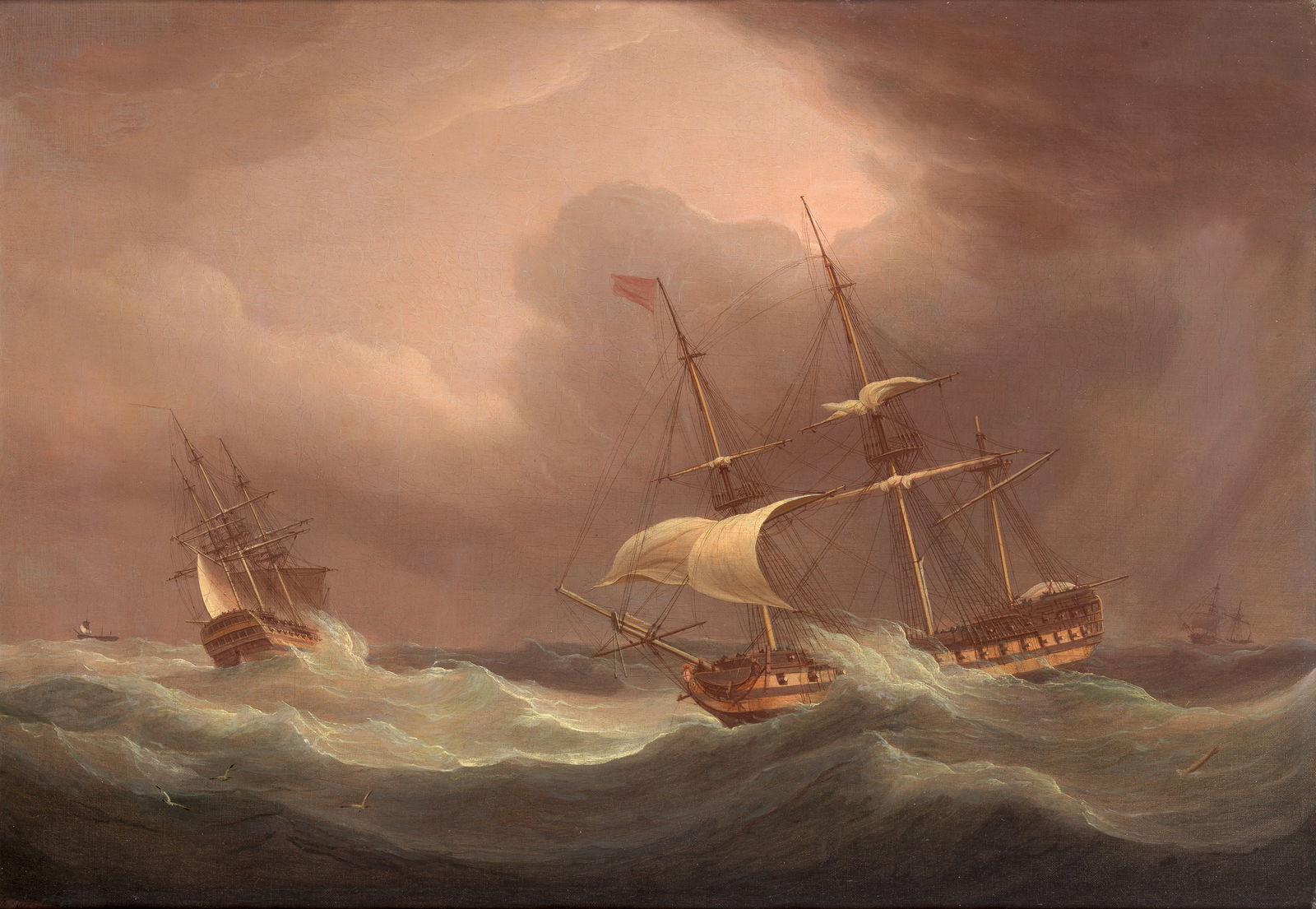 Thomas Whitcombe (British, circa 1752-1824) Frigates in a stormy sea: Thomas Whitcombe (British, circa 1752-1824) Frigates in a stormy sea signed 'Thos Whitcombe' (lower left) oil on canvas 48 x 69.2cm (18 7/8 x 27 1/4in).
