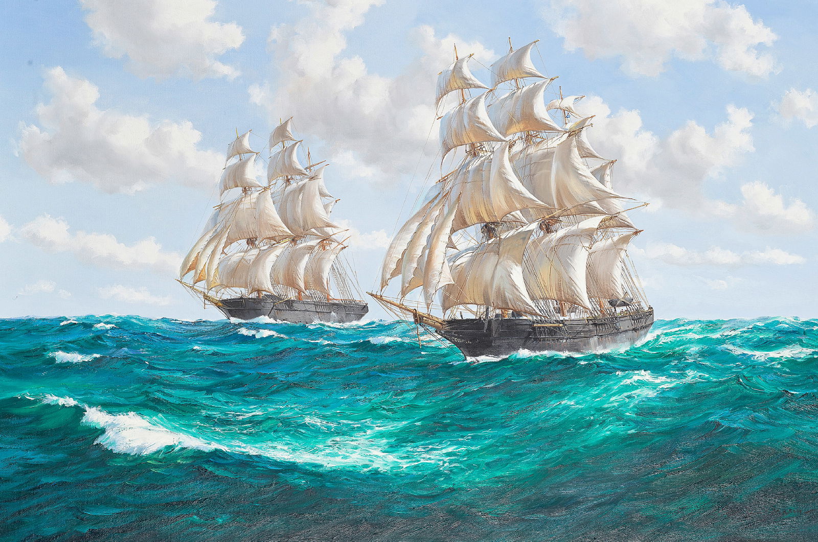 Barry Mason (British, b. 1952) Sweepstakes and Wild Pigeon at full sail: Barry Mason (British, b. 1952) Sweepstakes and Wild Pigeon at full sail signed 'Barry Mason' (lower right) oil on canvas 71.1 x 107.3cm (28 x 42 1/4in). Footnotes: Provenanc