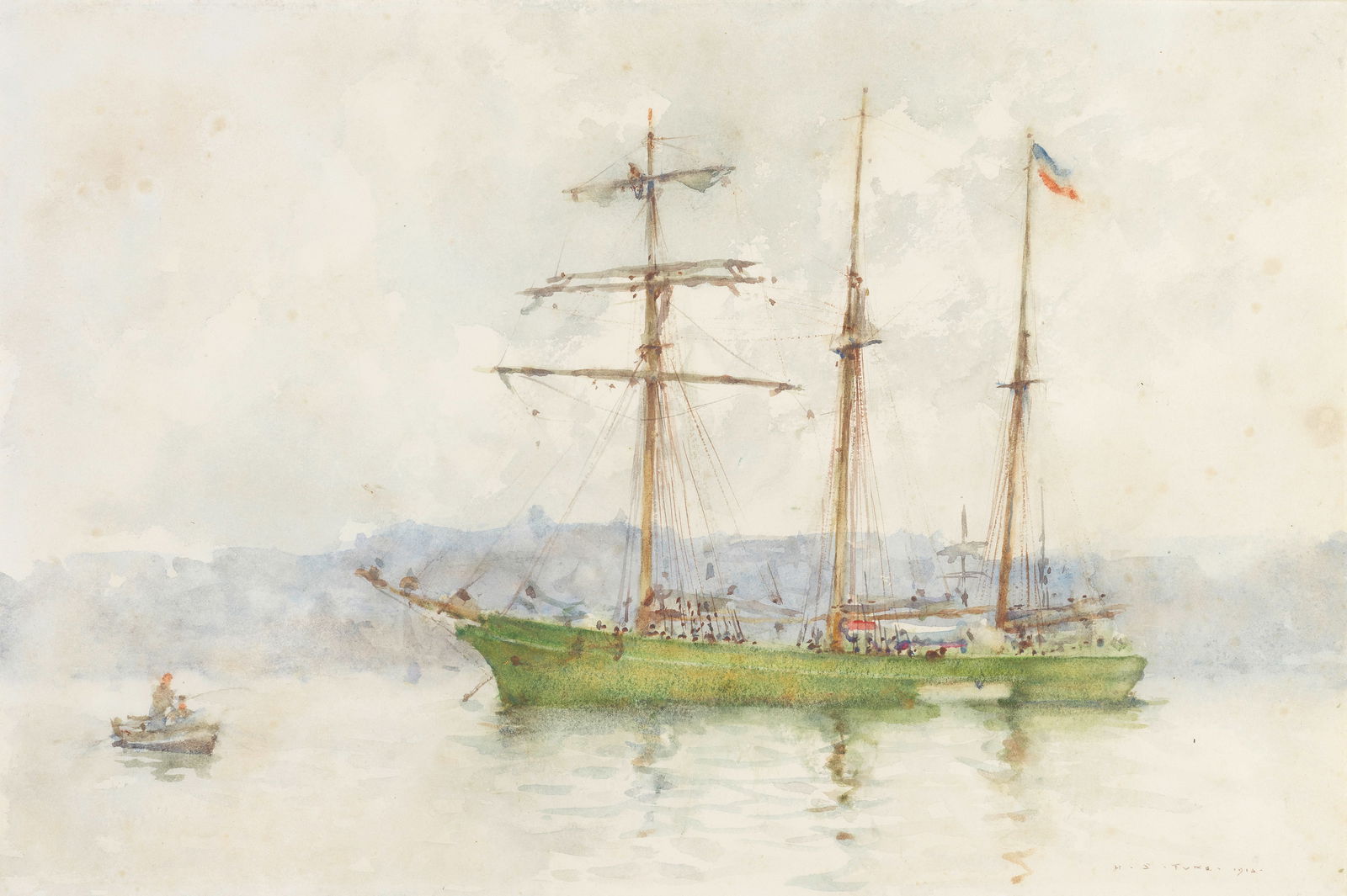 Henry Scott Tuke, RA, RWS (British, 1858-1929) Portrait of a barquentine: Henry Scott Tuke, RA, RWS (British, 1858-1929) Portrait of a barquentine signed and dated 'H. S. Tuke. 1910' (lower right) watercolour 29.6 x 44.8cm (11 5/8 x 17 5/8in). Footnotes: Proven