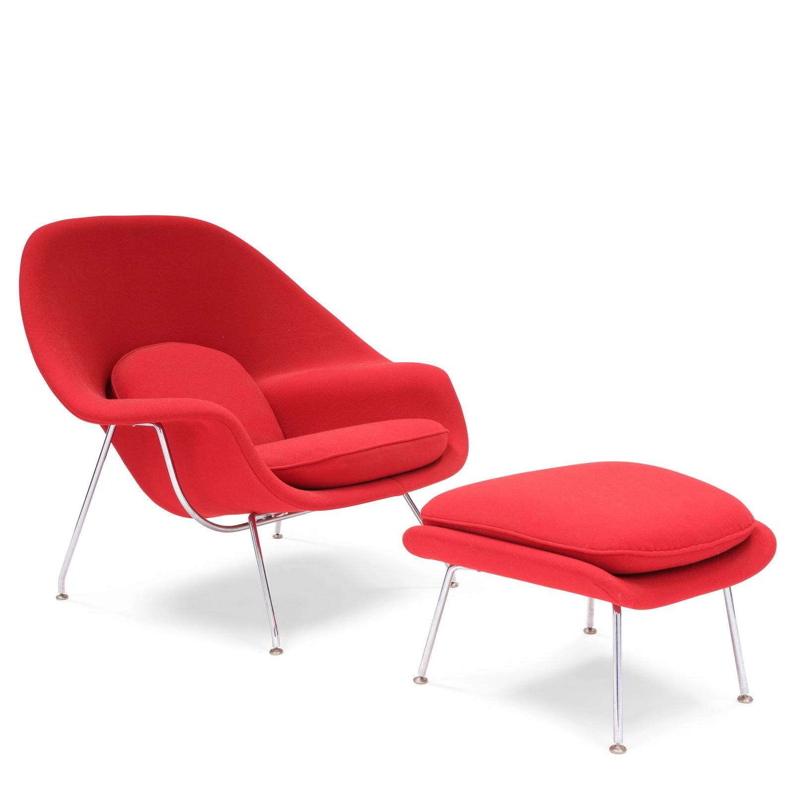 EERO SAARINEN (1910-1961) Womb Chair and Ottomandesigned 1946, produced later for Knoll, upholst...: EERO SAARINEN (1910-1961) Womb Chair and Ottoman designed 1946, produced later for Knoll, upholstery, chromed steel, chair and ottoman both with Knoll International Inc. tag on underside height of cha
