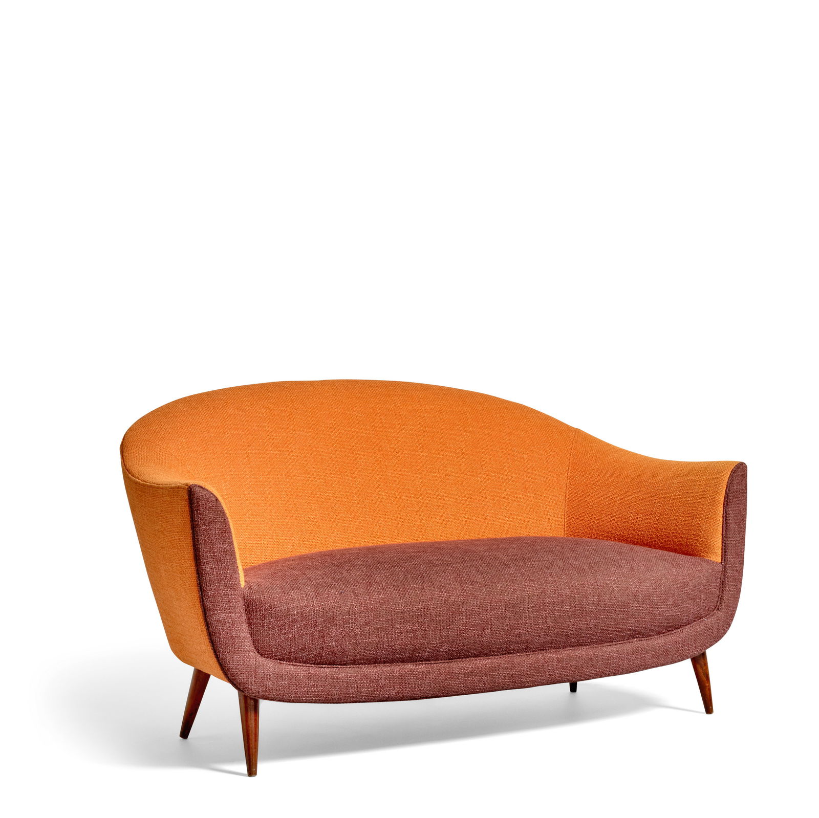 FEDERICO MUNARI (1907-1998) Setteecirca 1950walnut, woolheight 30 1/8in (76.5cm); width 56 1/4in...: FEDERICO MUNARI (1907-1998) Settee circa 1950 walnut, wool height 30 1/8in (76.5cm); width 56 1/4in (142.9cm); depth 29 1/2in (75cm) This lot is subject to the following lot symbols: W W Lot is oversi