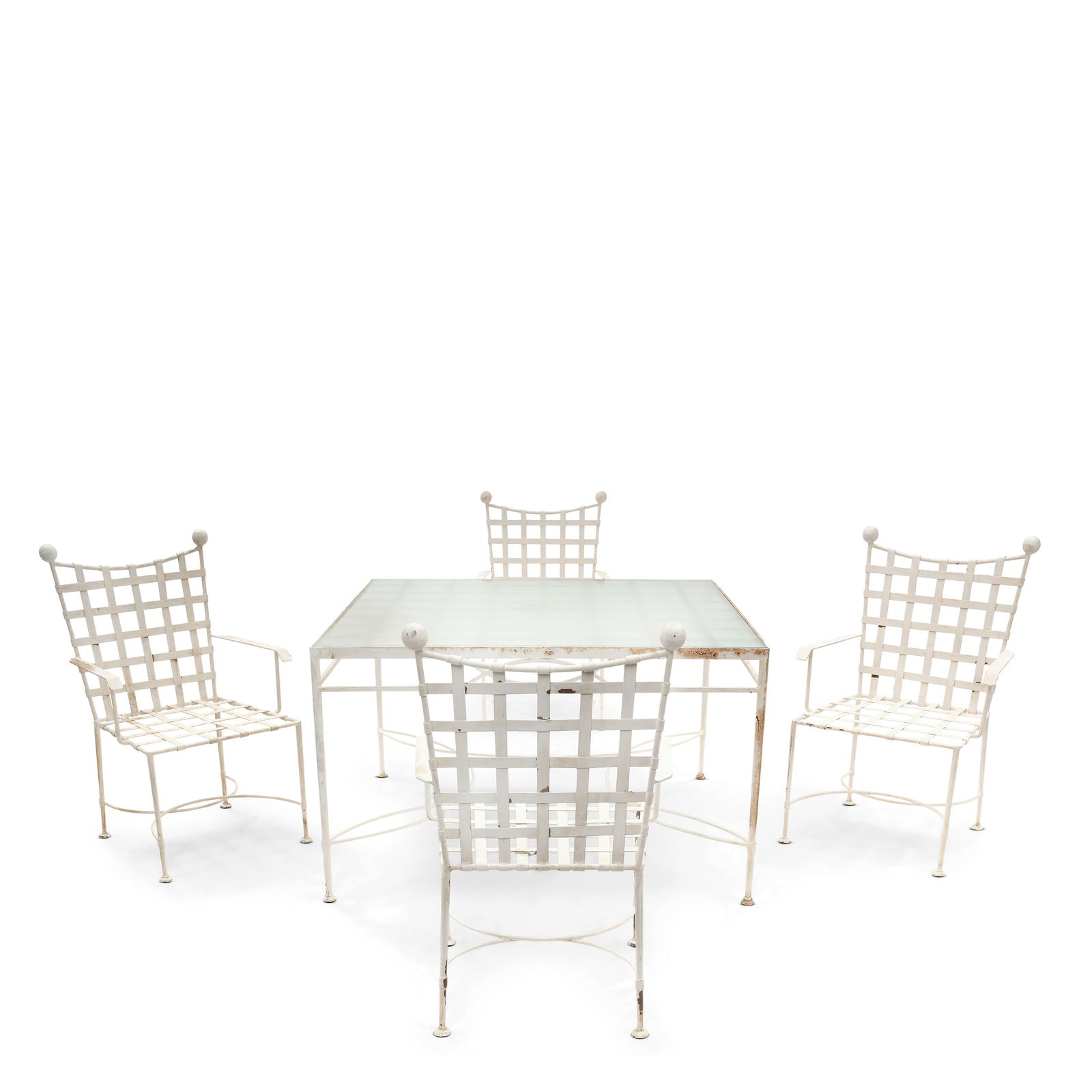 MARIO PAPPERZINI (ACTIVE 20TH CENTURY) Set of Four Armchairs and Dining Table1960sfor Salterini,...: MARIO PAPPERZINI (ACTIVE 20TH CENTURY) Set of Four Armchairs and Dining Table 1960s for Salterini, painted wrought iron height of chairs 36in (91.4cm); width 24 1/2in (62.2cm); depth 23in (58.4cm); he
