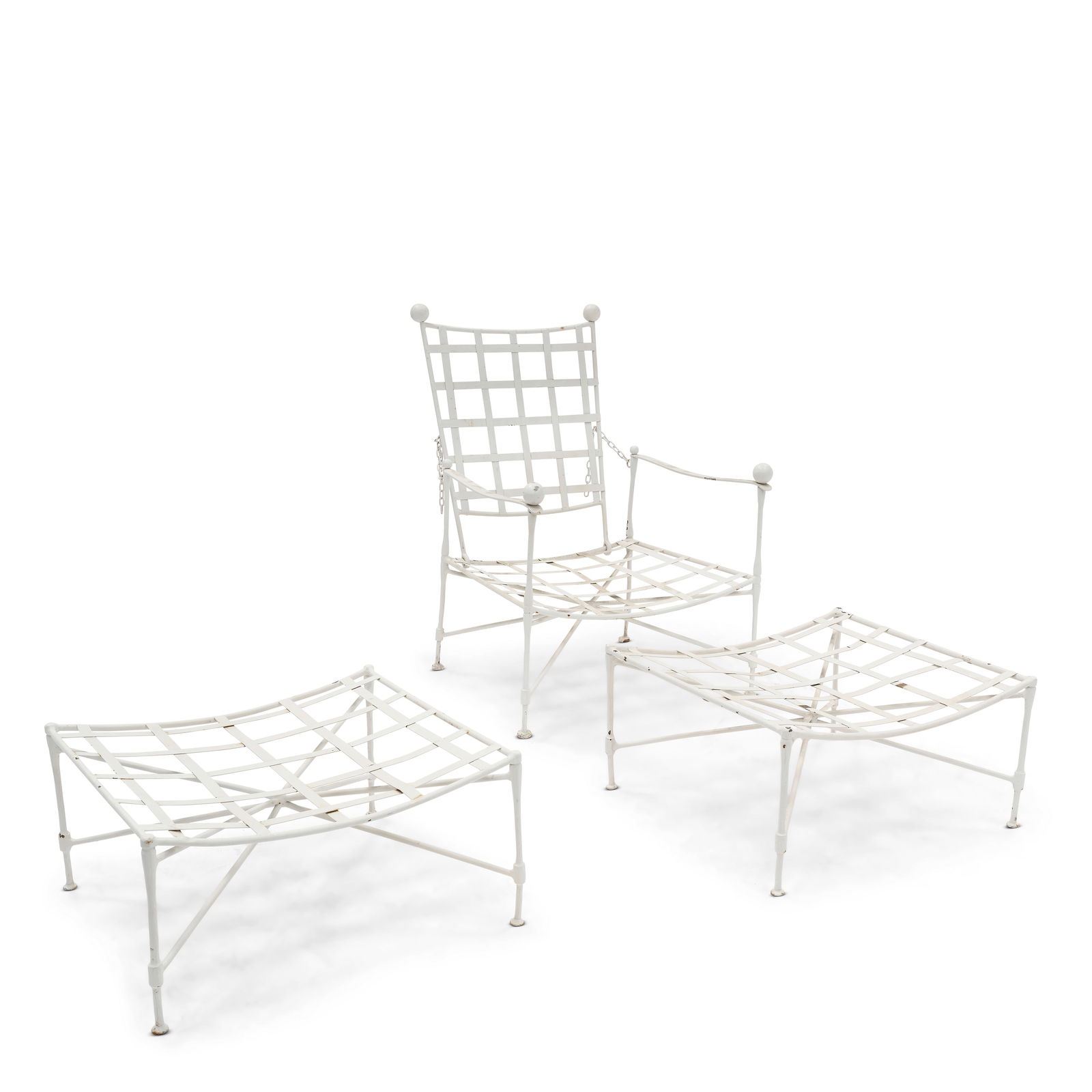 MARIO PAPPERZINI (ACTIVE 20TH CENTURY) Lounge Chair and Two Ottomans1960sfor Salterini, painted ...: MARIO PAPPERZINI (ACTIVE 20TH CENTURY) Lounge Chair and Two Ottomans 1960s for Salterini, painted wrought iron height of chair 36 1/2in (92.7cm); width 25 1/2in (64.8cm); height of ottoman 12in (30.4c