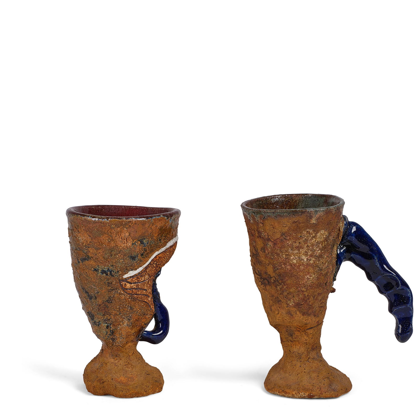 ROBERT ARNESON (1930-1992) Pair of Gobletscirca 1970partially-glazed and incised hand-built ston...: ROBERT ARNESON (1930-1992) Pair of Goblets circa 1970 partially-glazed and incised hand-built stoneware height of tallest 6 1/4in (16cm); widest width 5in (12cm)