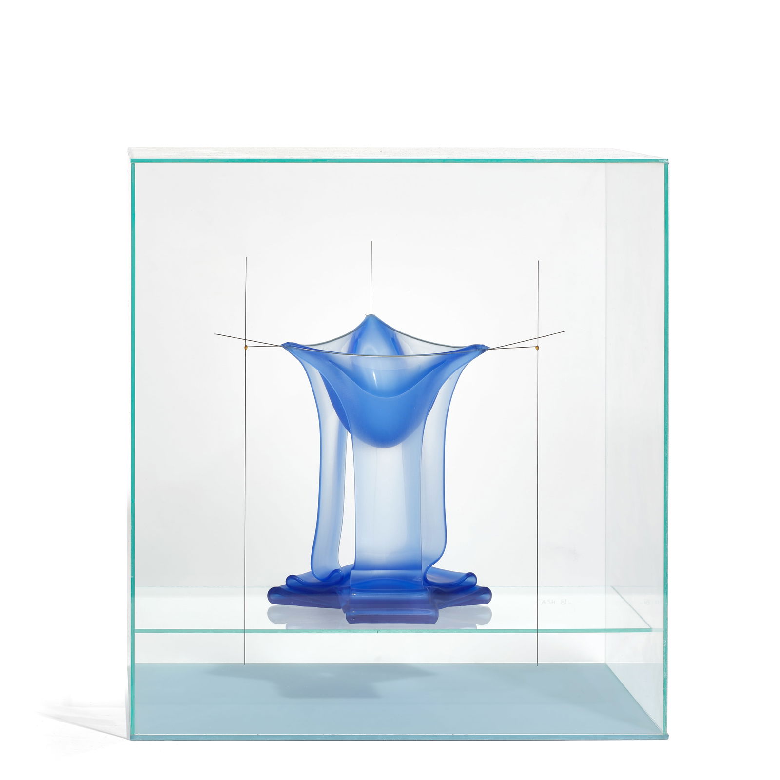 SYDNEY CASH (BORN 1941) Untitled (Blue Trifold)1981slumped glass, plate glass, wire, steel wall ...: SYDNEY CASH (BORN 1941) Untitled (Blue Trifold) 1981 slumped glass, plate glass, wire, steel wall mount, signed and dated 'CASH 81' height 13 1/4in (33.6cm); width 12 1/4in (31.1cm); depth 8 1/4in (20