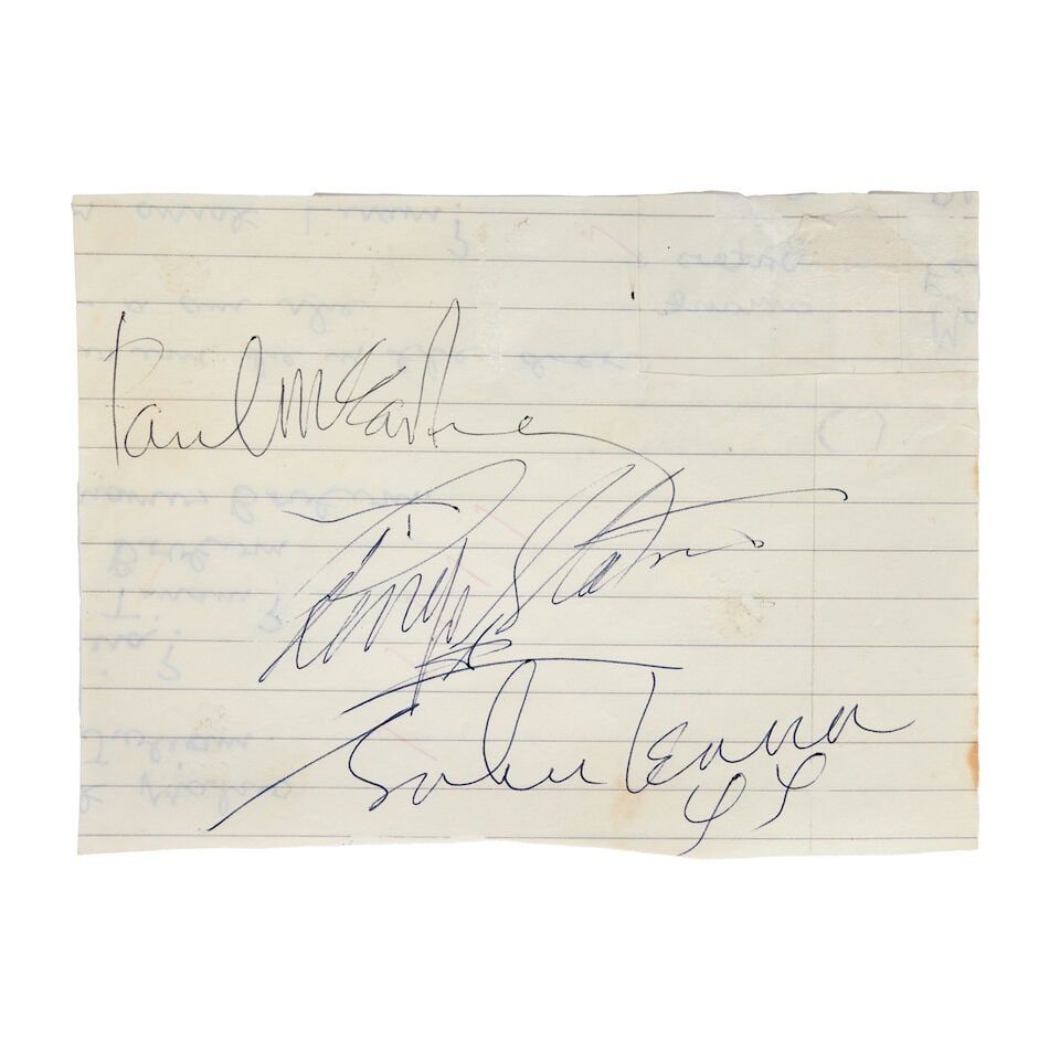 The Beatles: Three Autographs, circa 1963,: The Beatles: Three Autographs, circa 1963, a piece of clipped lined paper signed in black ballpoint by Paul McCartney, Ringo Starr and John Lennon, 4 2/5in x 6in (11.2cm x 15cm) For further informati