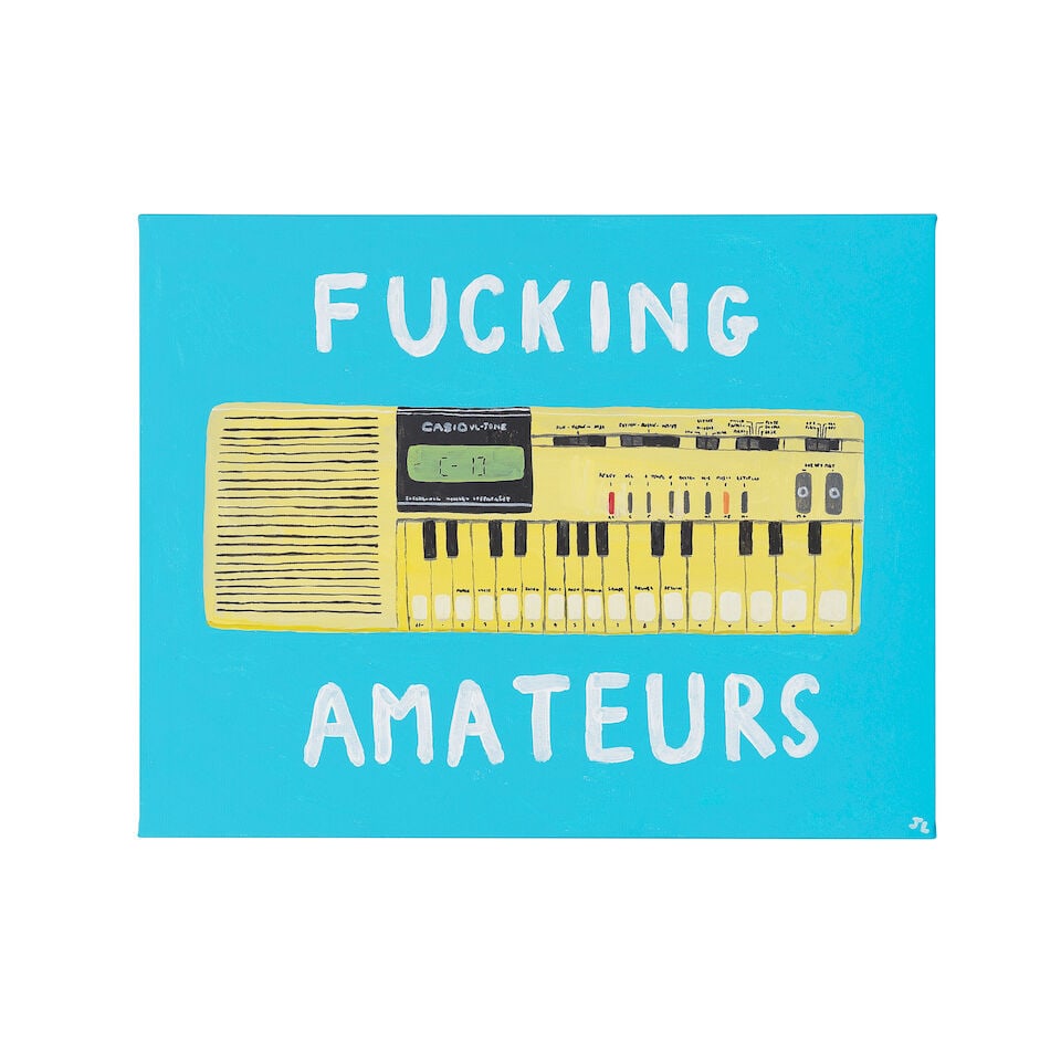 Joe Lycett x Adam Buxton: Fucking Amateurs, 2025,: Joe Lycett x Adam Buxton: Fucking Amateurs, 2025, acrylic gouache on canvas, JL initialled to lower right, 16in x 20in (40.6cm x 50.8cm) Footnotes: Joe Lycett is a British comedian, television present