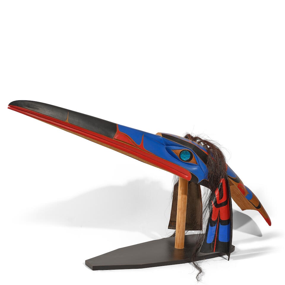 RANDY STIGLITZ (CANADIAN, BORN 1953): A CARVED POLYCHROME WOOD AND LEATHER 'HUMMINGBIRD' MASKCoa... (1 of 2)