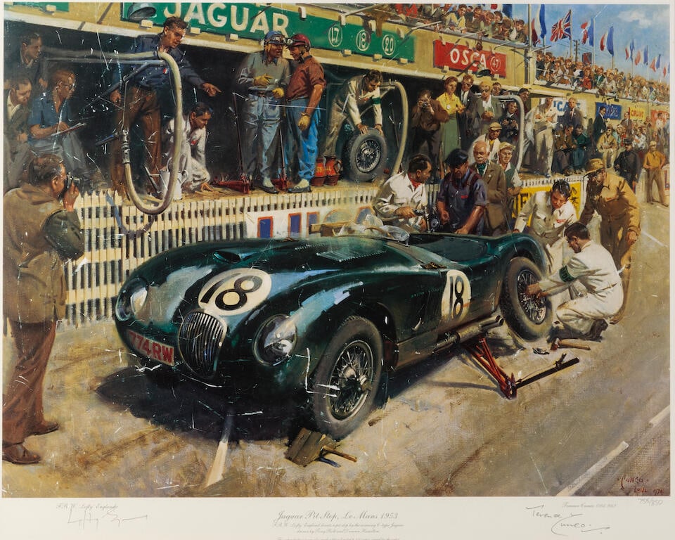Terence Cuneo (1907 - 1996) 'Jaguar Pit Stop, Le Mans 1953' with signature of Lofty England (191... (1 of 1)