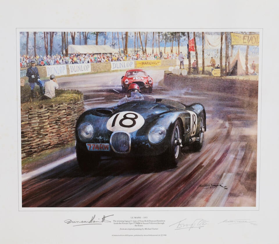 Michael Turner (Born 1934) 'Le Mans 1953': Michael Turner (Born 1934)'Le Mans 1953' Michael Turner (Born 1934) 'Le Mans 1953' A print titled 'Le Mans 1953, the winning Jaguar C-Type of Tony Rolt (1918-2008) / Duncan Hamilton (1920-1994) leadin