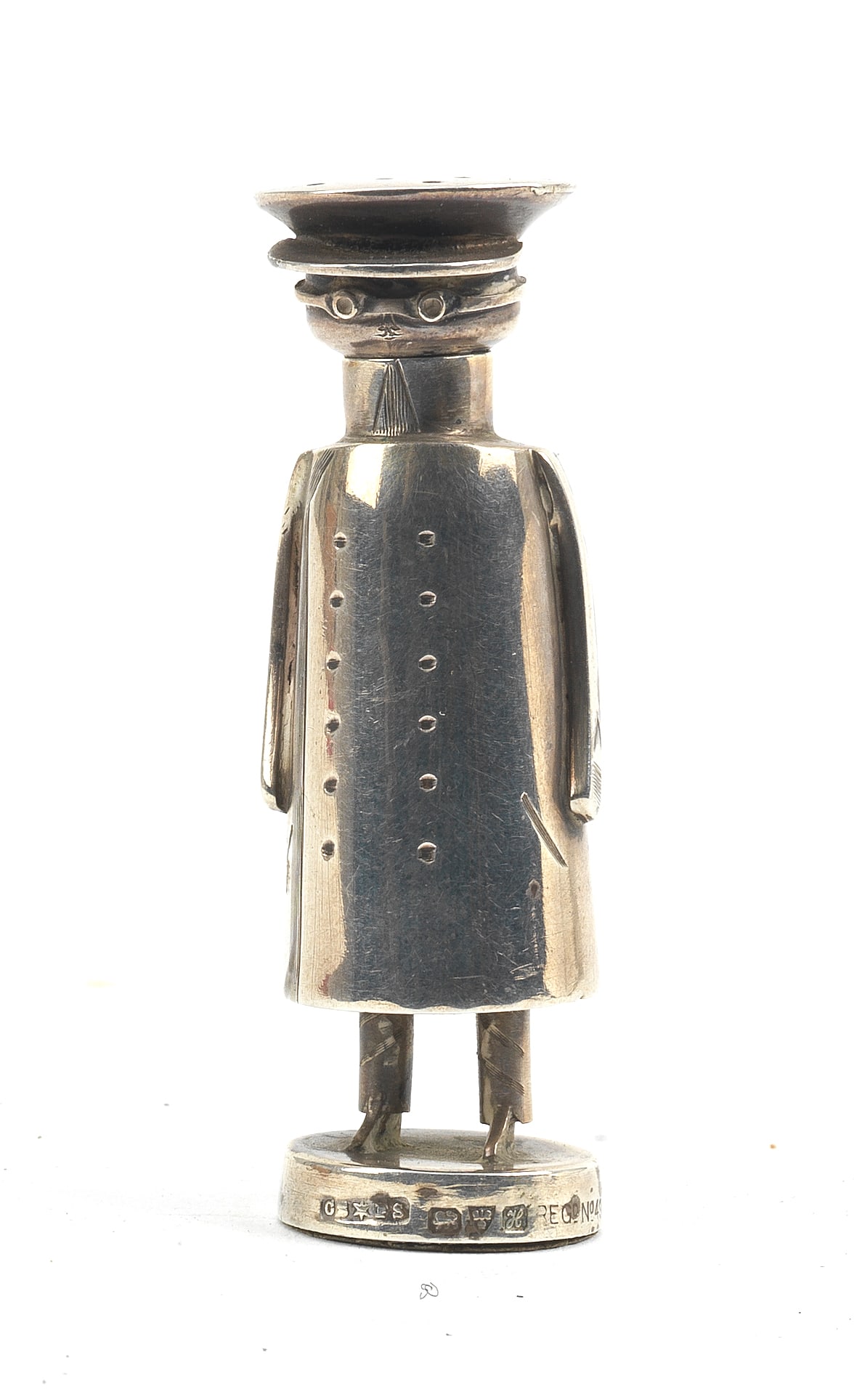An Edwardian novelty 'Mr Popple' sterling silver cayenne pepper pot by Saunders & Shepherd, 1908, (1 of 1)