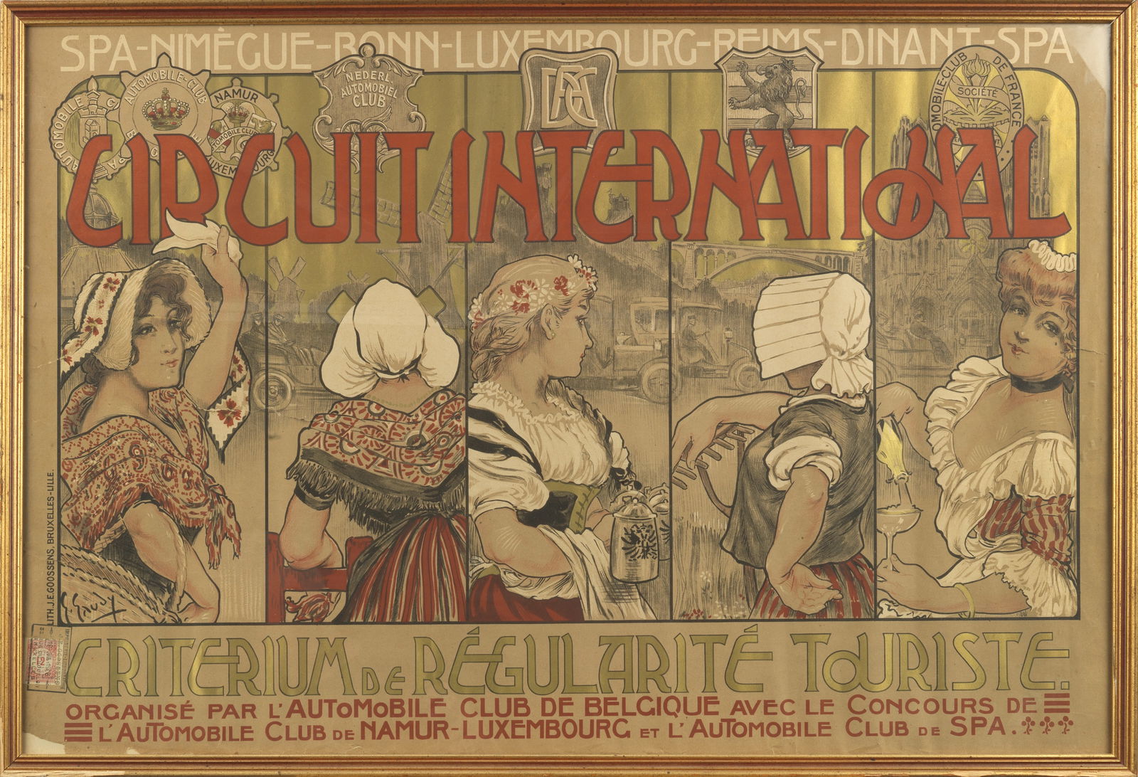 'Circuit International' 1896, poster after Georges Gaudy (Belgian, 1872-1940),: 'Circuit International' 1896, poster after Georges Gaudy (Belgian, 1872-1940), printed by J E Goossens of Bruxelles on paper, 60 x 89cm, tear to left side and some loss to lower left corner, framed an