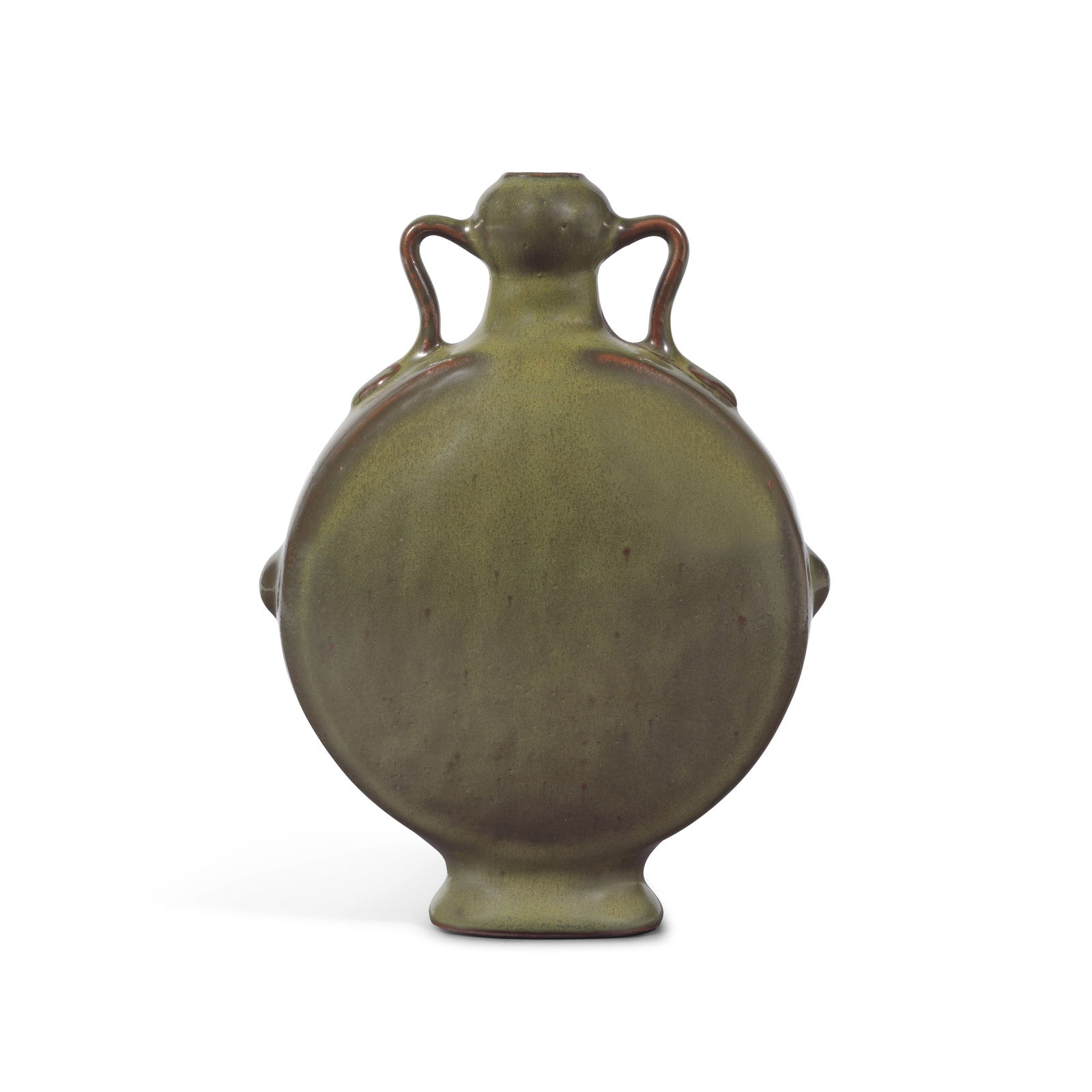 A TEA DUST GLAZED MOONFLASK 19th century: A TEA DUST GLAZED MOONFLASK 19th century Of compressed rounded form, the short flared neck surmounted by a garlic mouth, flanked by a pair of ruyi handles, covered overall in a mottled olive-green hue