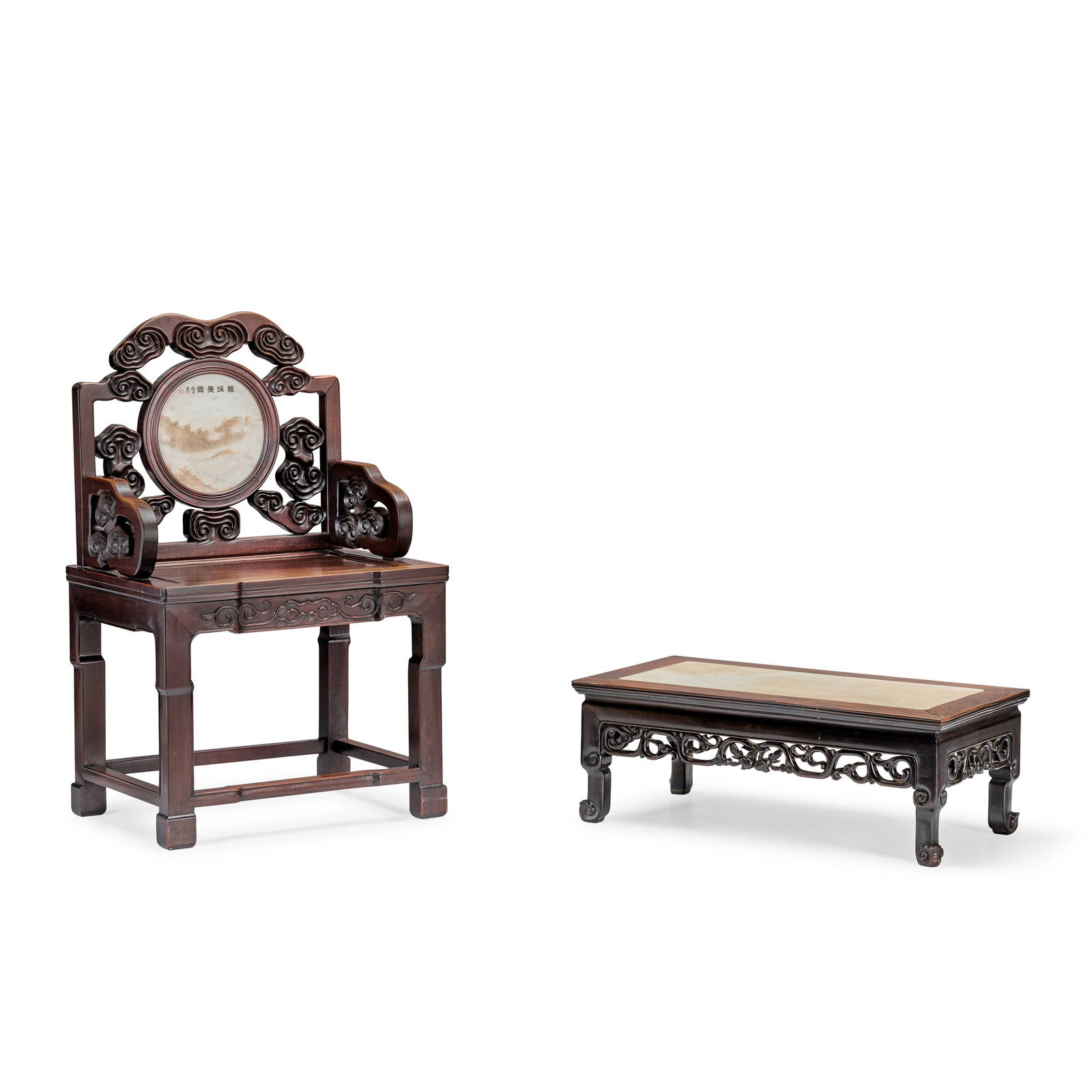 A MARBLE INSET HONGMU KANG TABLE AND CHAIR 19th/20th century (2)
