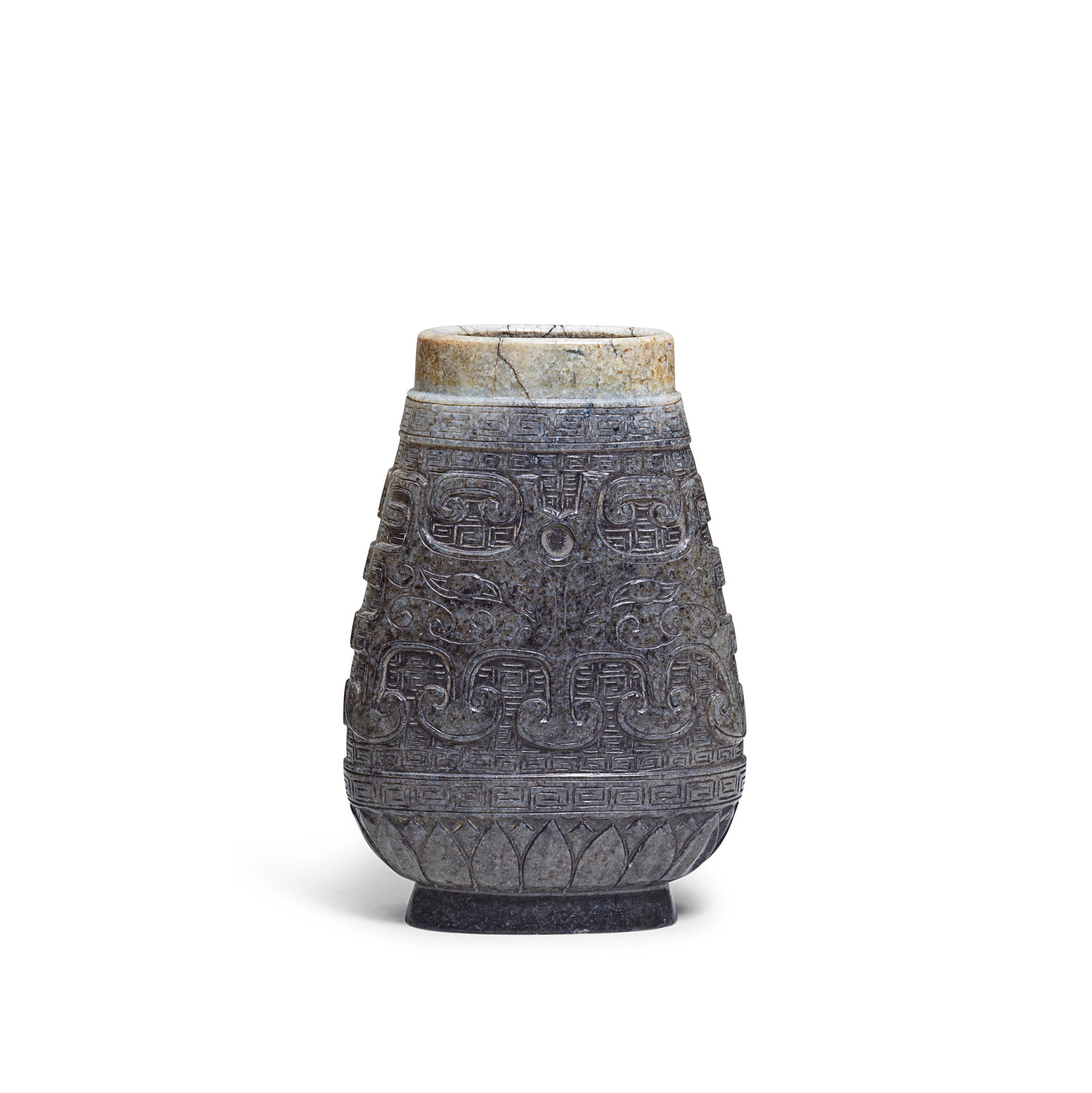 A GREY JADE VASE, HU Ming Dynasty (3): A GREY JADE VASE, HU Ming Dynasty Of compressed hu-shaped form, with a taotie mask on either side against a leiwan ground, with a carved wood stand and cover surmounted by an amethyst finial. The vase