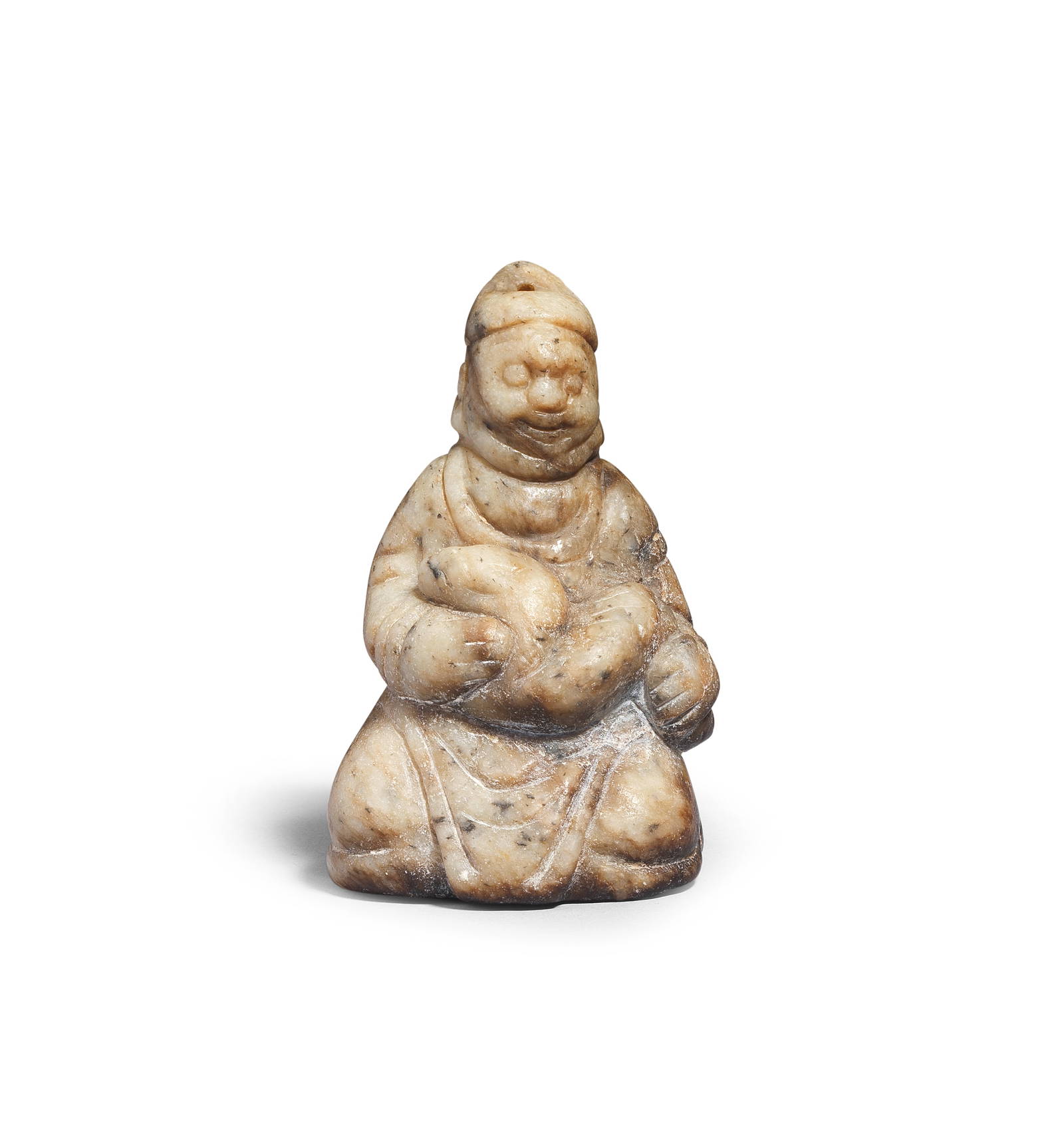 A GREY JADE FIGURE OF A FOREIGNER AND ANIMAL Yuan Dynasty or earlier